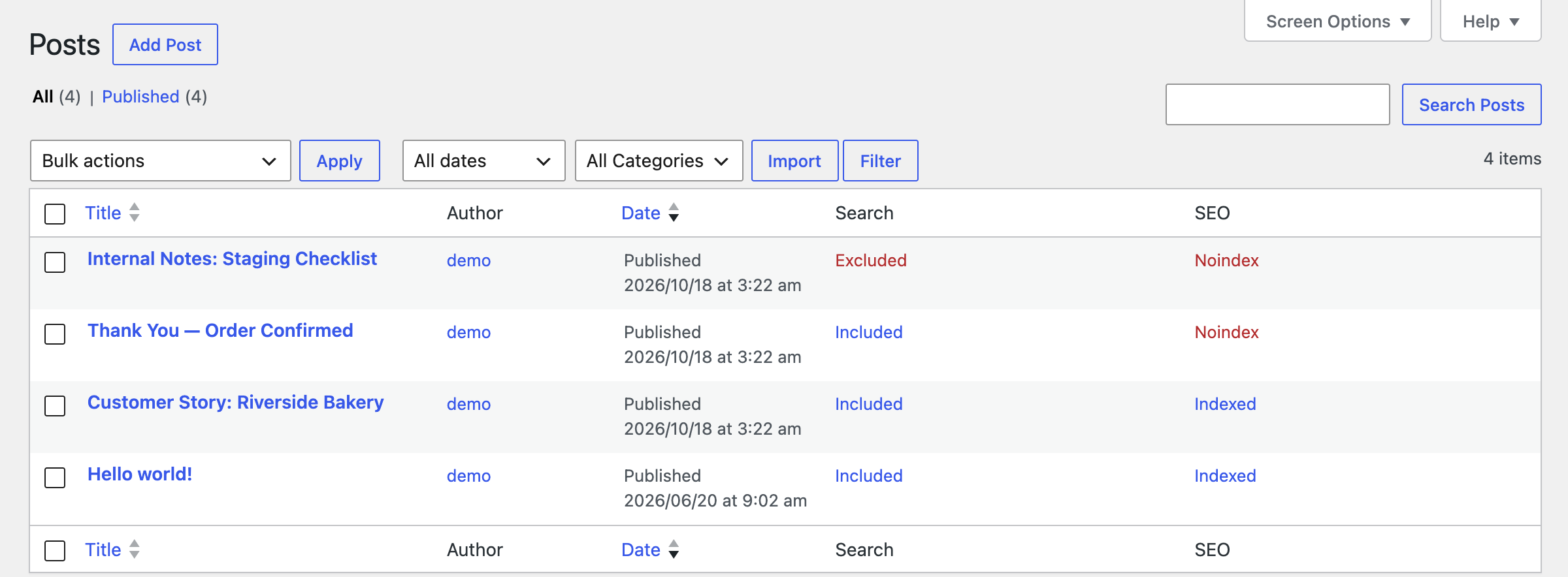 Search and SEO columns with one-click toggles on the post list screen.