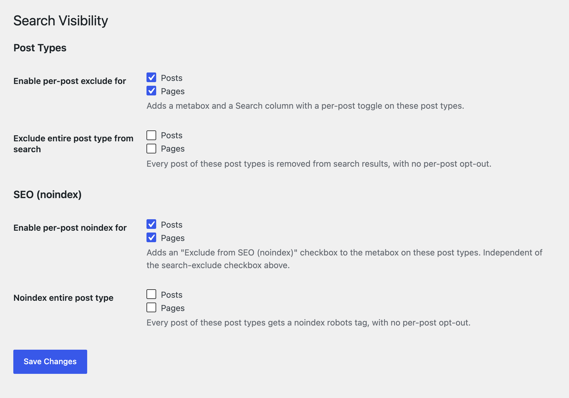Settings page for choosing which post types get the feature.