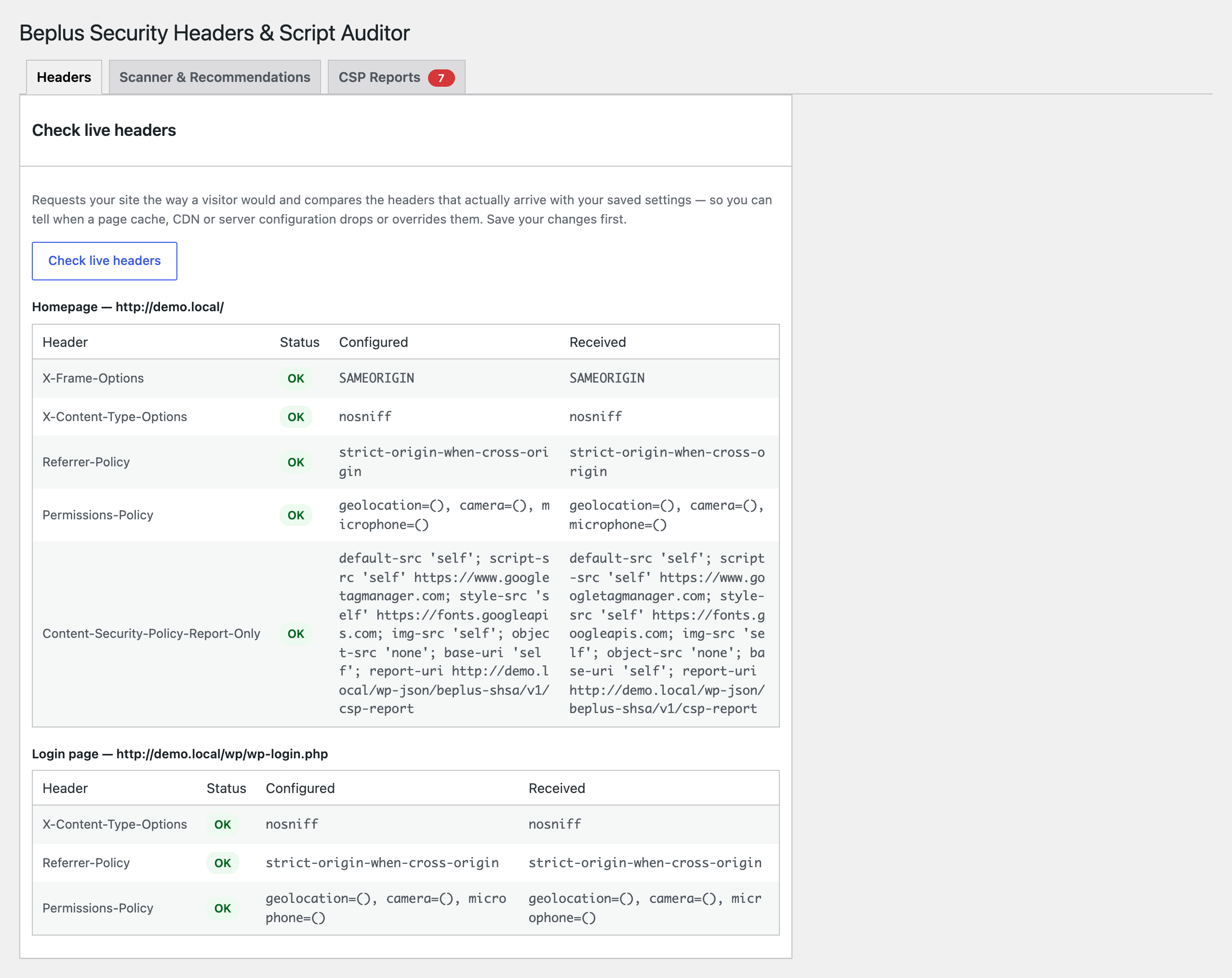 The Headers tab with the live header check, showing which headers actually reach visitors.