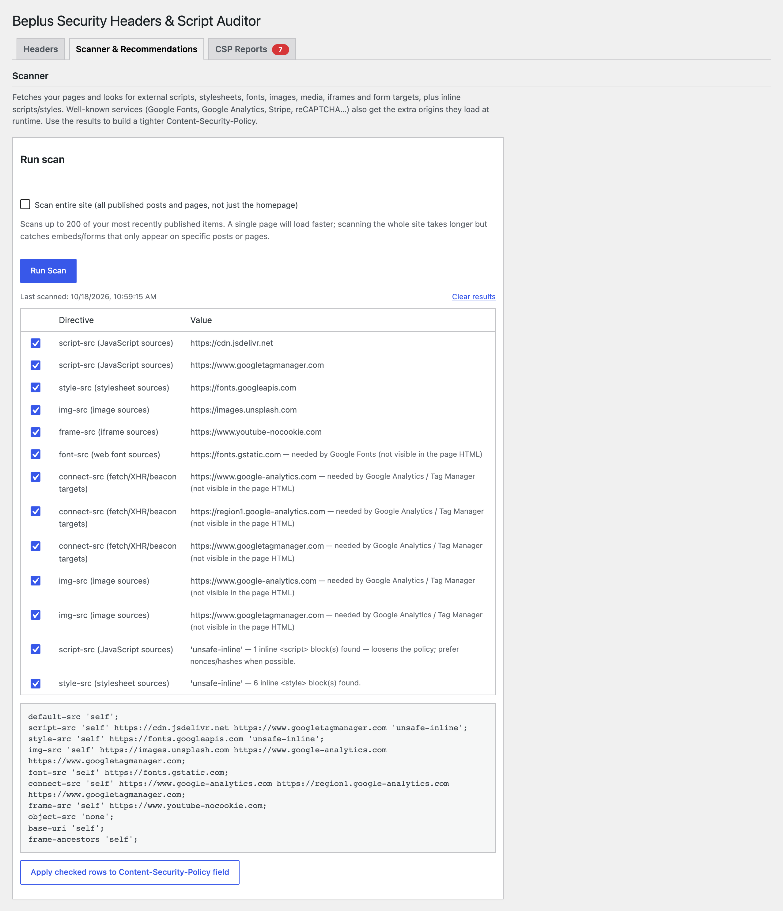 The Scanner tab, showing detected external resources (including those inferred for Google Fonts and Analytics) and a live Content-Security-Policy preview.