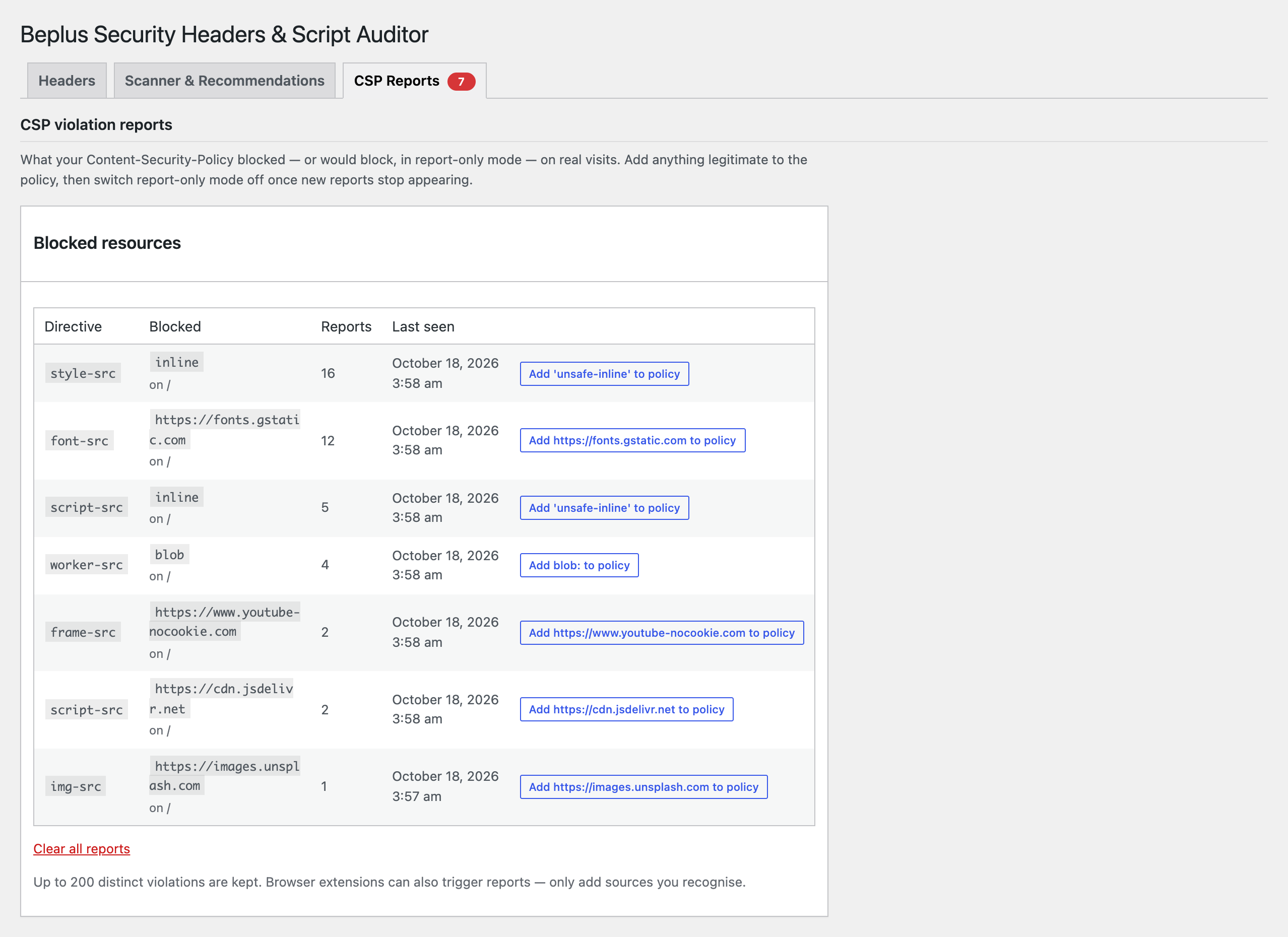 The CSP Reports tab, listing blocked resources with a one-click "Add to policy" button.