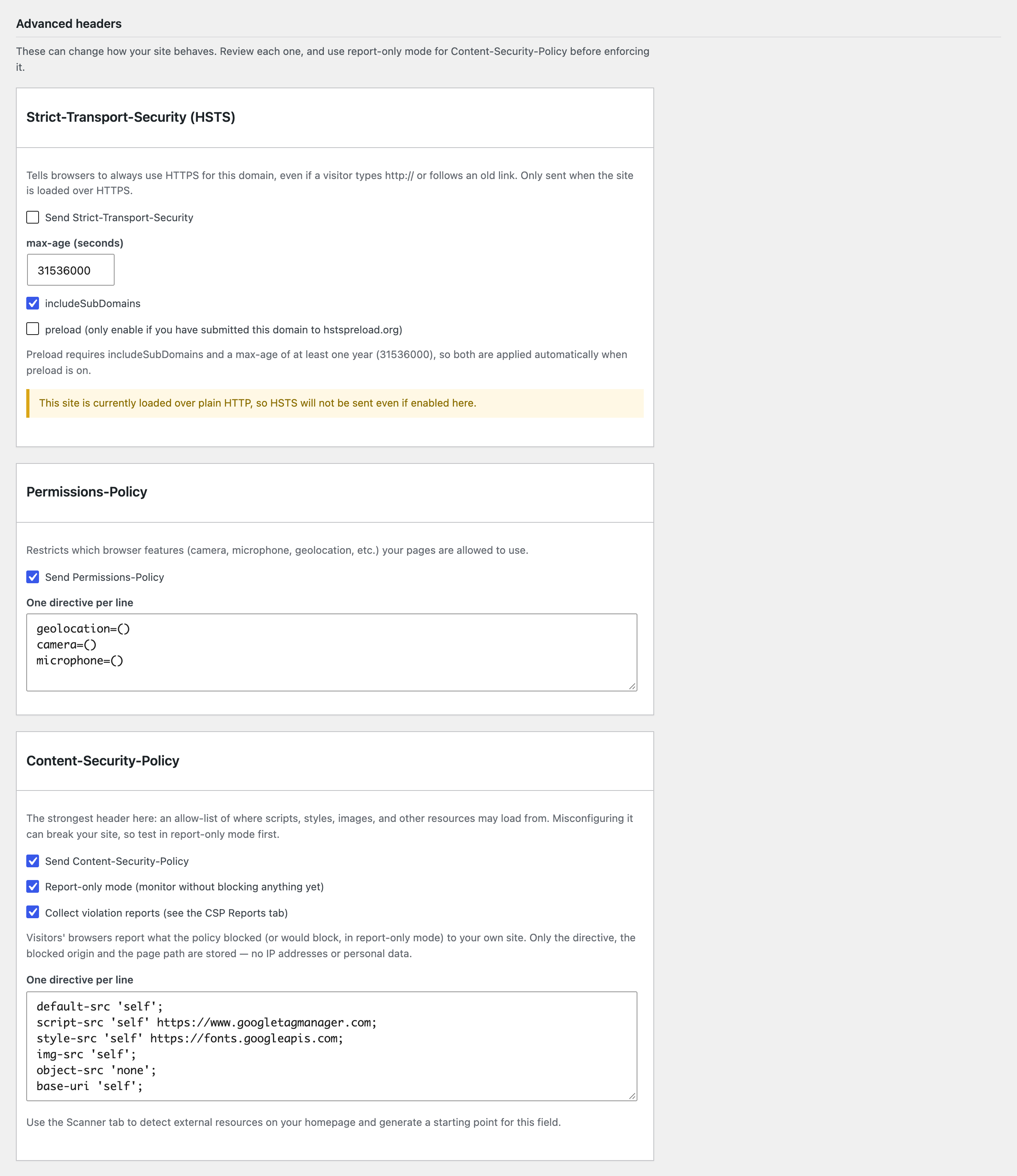 Security header settings, including HSTS and Content-Security-Policy with report collection.