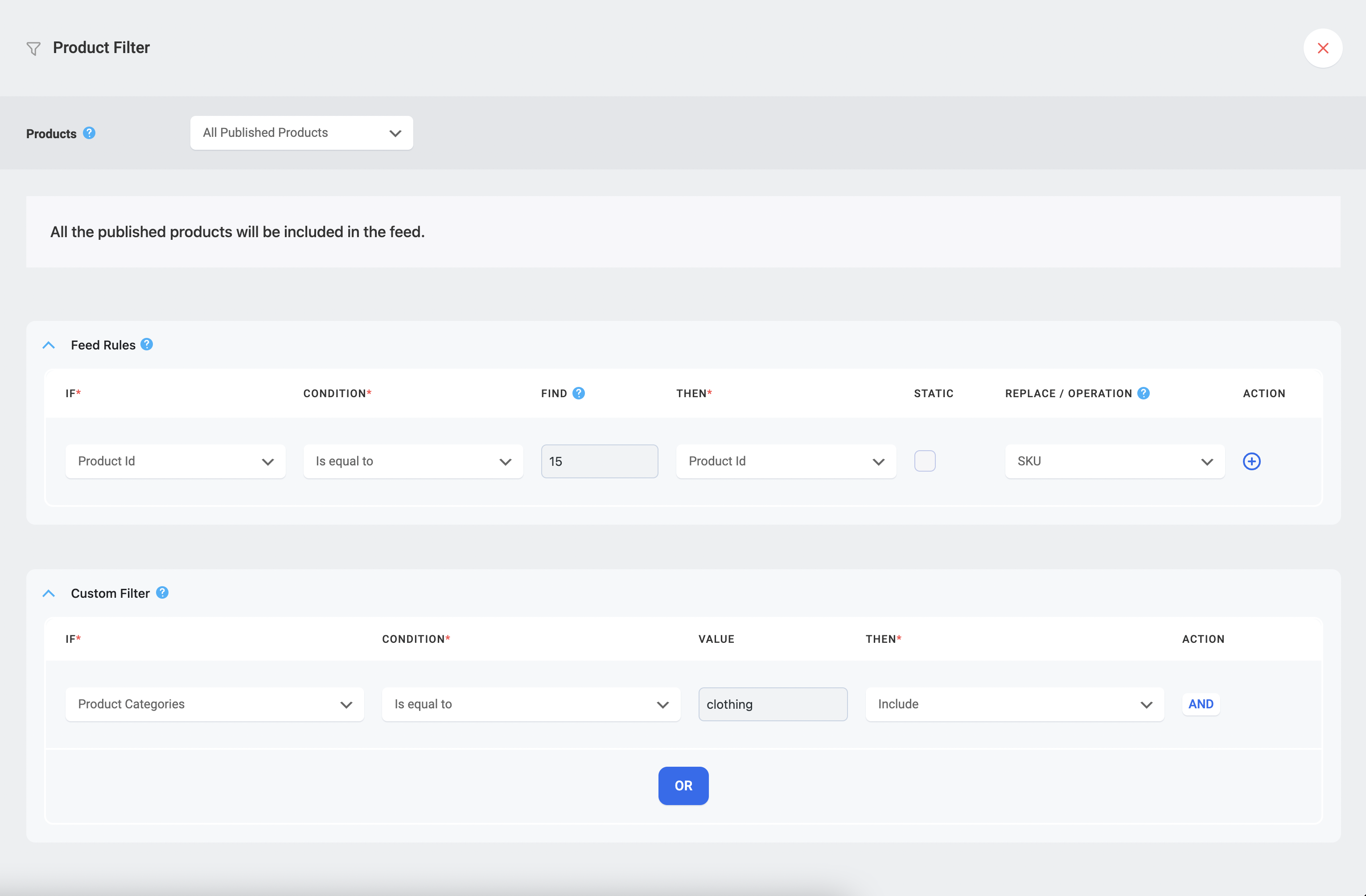 Exclude or include products in your feed using filters and conditions