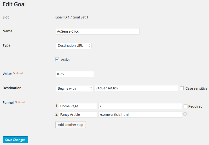 You have the ability to edit/create your Google Analytics Goals from within the WordPress admin area. Includes advanced Google Analytics Goal functions such as funnels.