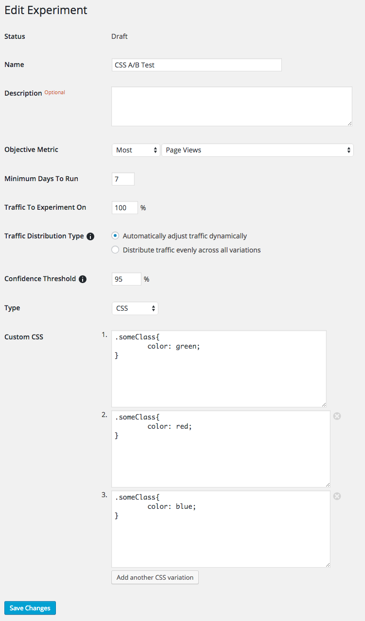 A Google Analytics Content Experiment showing CSS variations where the site owner is looking for the variation that yields the most page views.