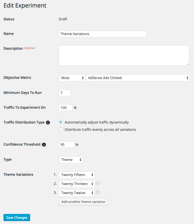 A Google Analytics Content Experiment setup to utilize different WordPress themes to determine which variation results in the most AdSense ads being clicked.