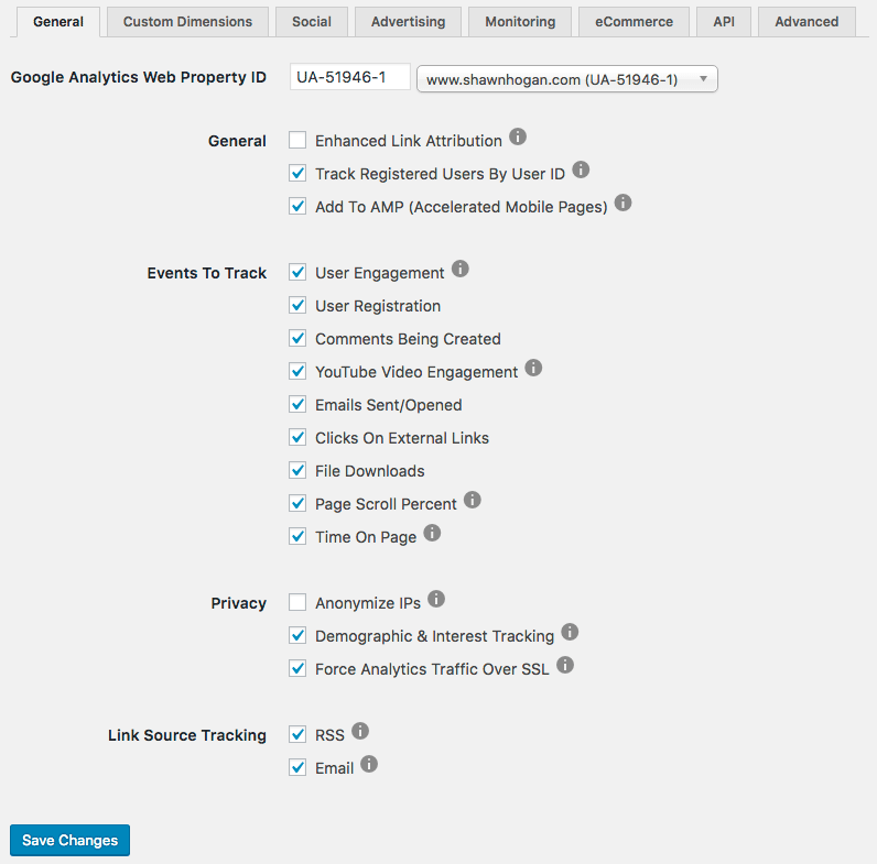 Better Google Analytics General settings allows you to enable/disable all sorts of tracking features in your Google Analytics account.