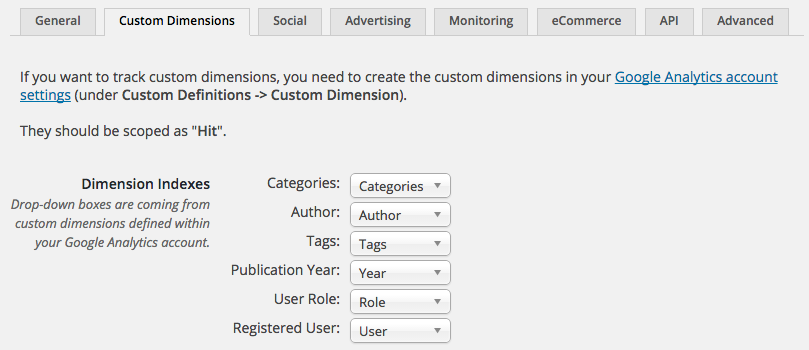 Google Google Analytics custom dimension tracking allows you to track categories, authors, tags, publication year, user roles and registered users.