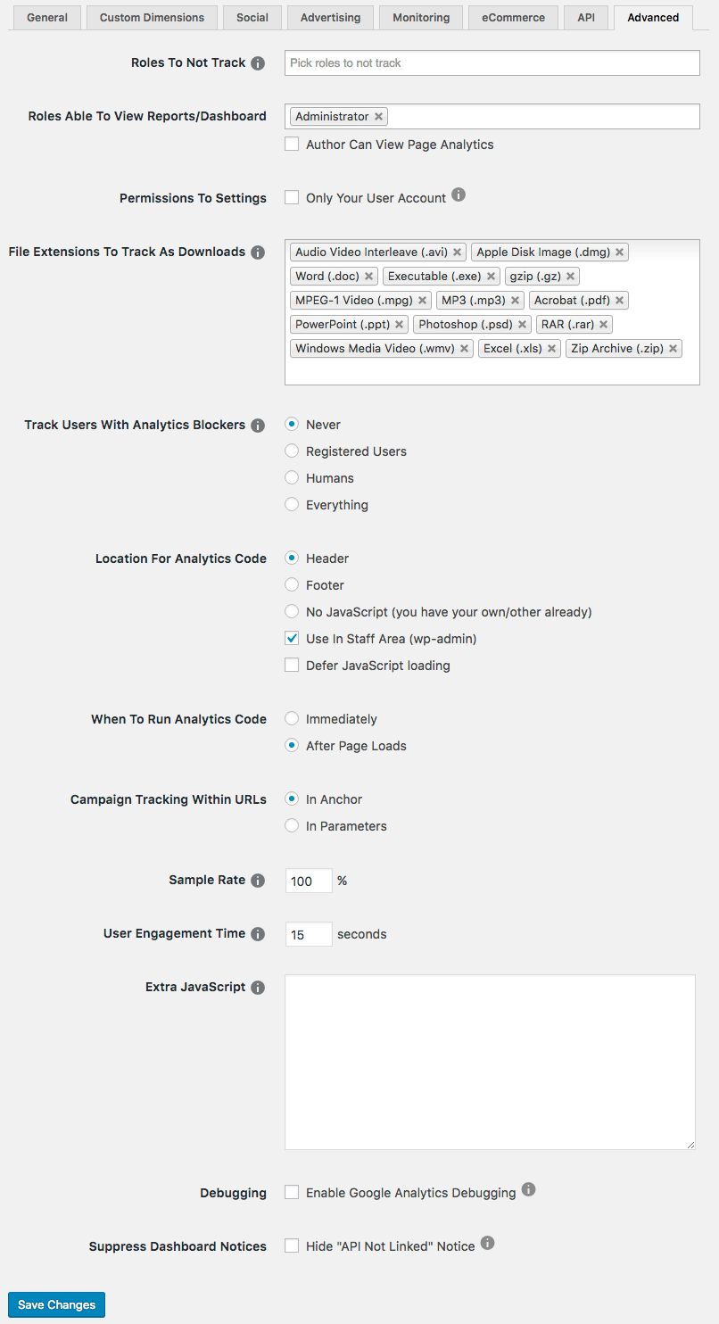 Advanced settings allow you to fine tune how the system works with Google Analytics.