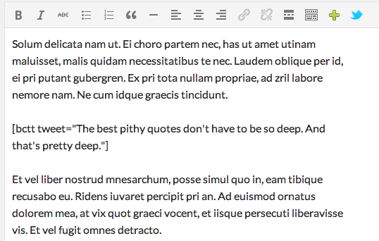 The same shareable quote in the classic editor: use the shortcode or the toolbar button for click-to-share boxes.