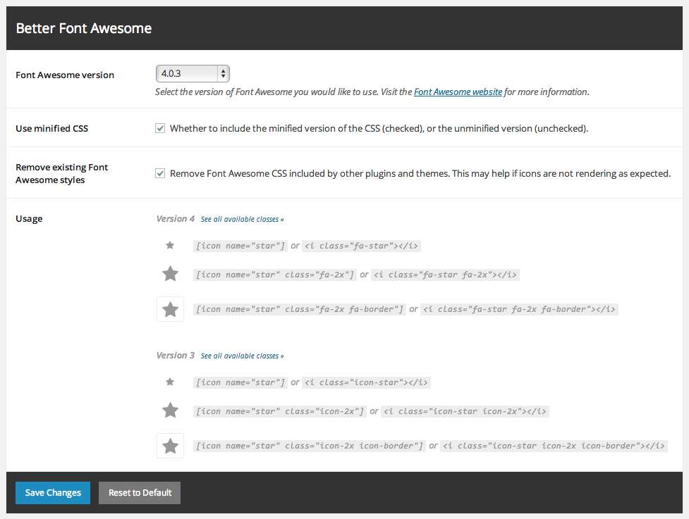 Better Font Awesome settings, accessed via Settings &rarr; Better Font Awesome