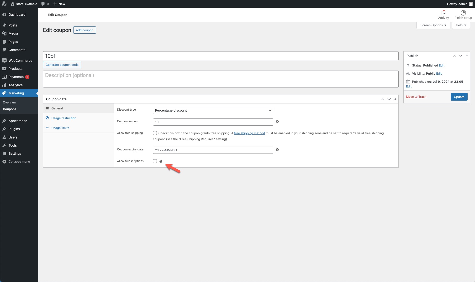 New field for allowing coupons to be enabled with subscriptions