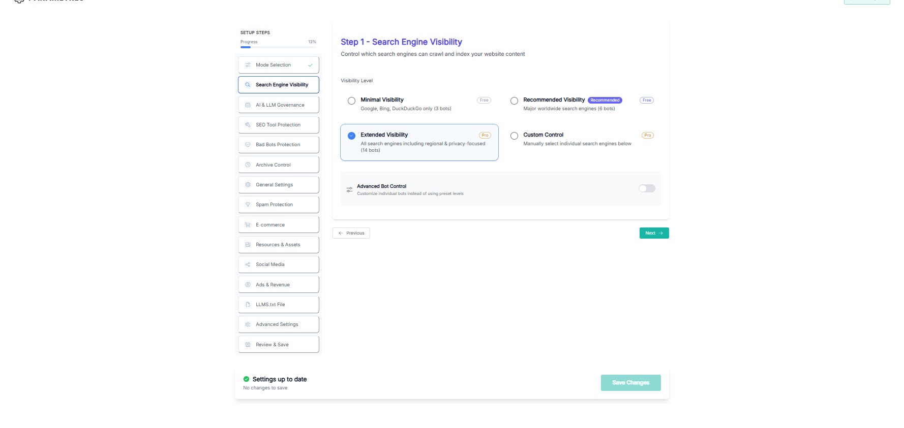 Step 1 - Search engine visibility controls.