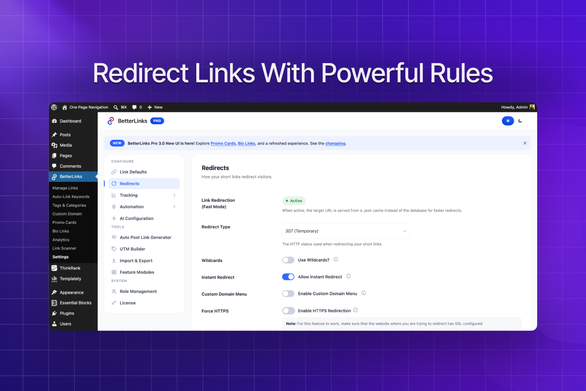 Advanced redirects — 301, 302, 307 and cloaked redirects with full control