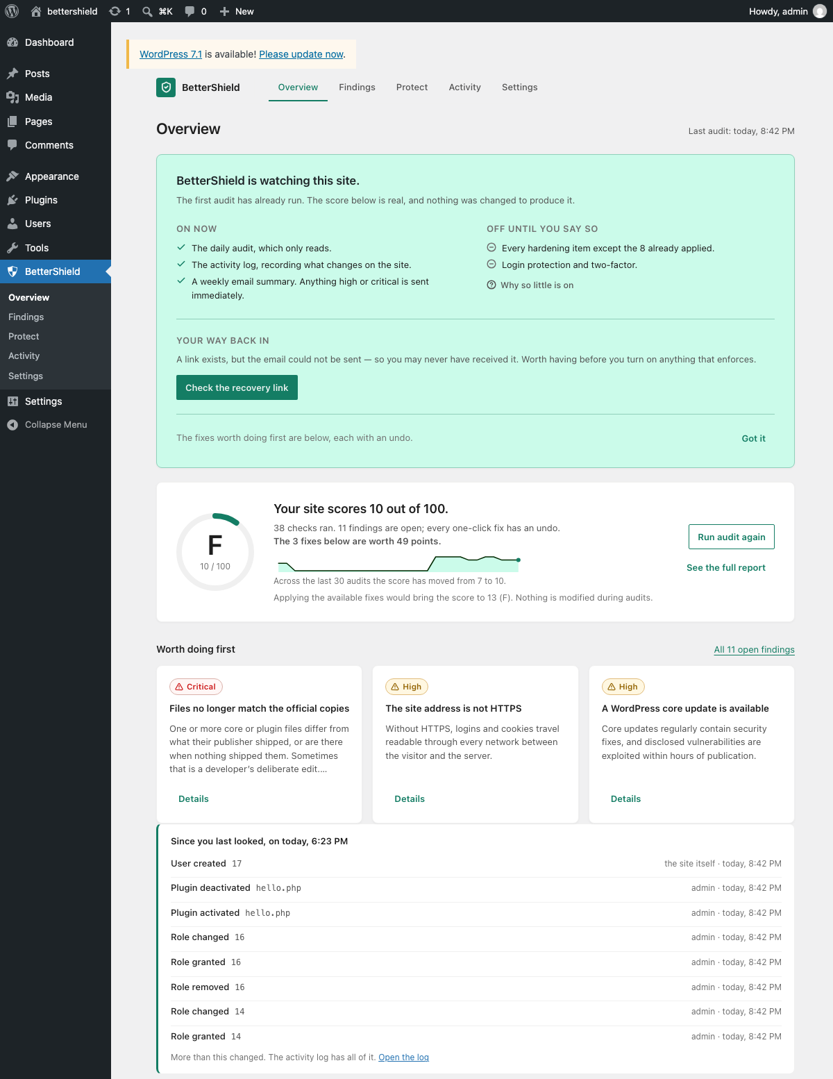 The Overview after the first audit: the score, the three fixes worth doing first, and what changed since your last visit.
