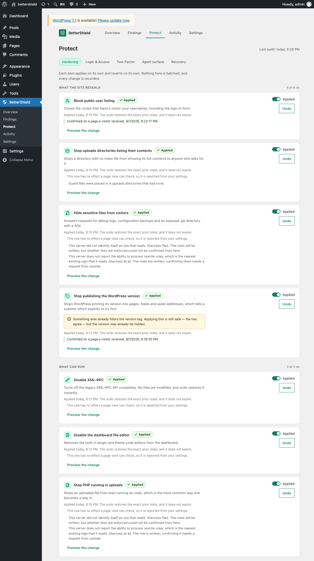 One-click hardening. Each item previews what will change and has an undo that never expires.