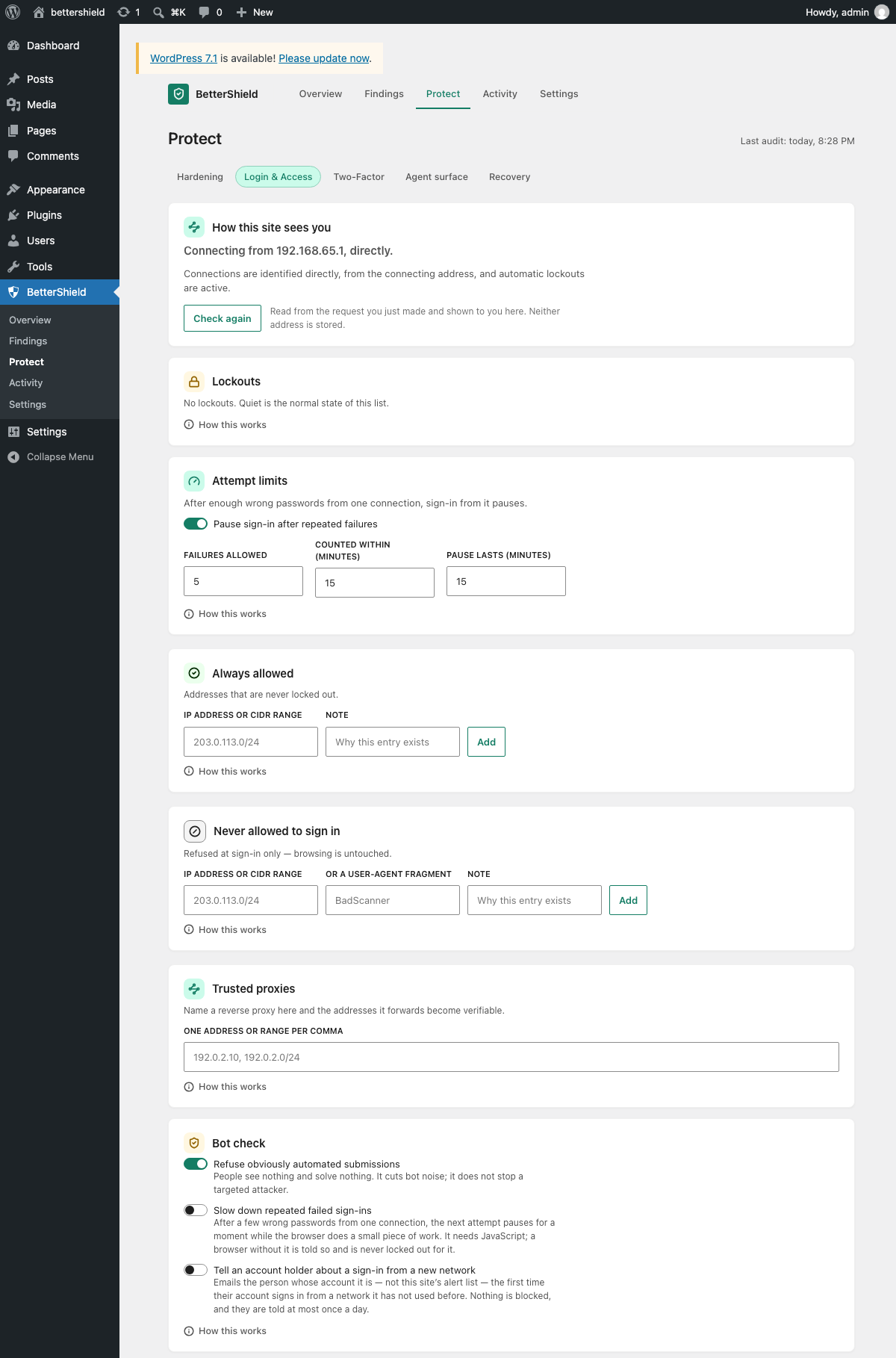 Login protection: how the site sees a connection, attempt limits, lockouts, and the addresses always allowed or never allowed.