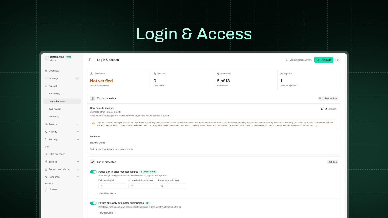 Login protection: how the site sees a connection, attempt limits, lockouts, and the addresses always allowed or never allowed.
