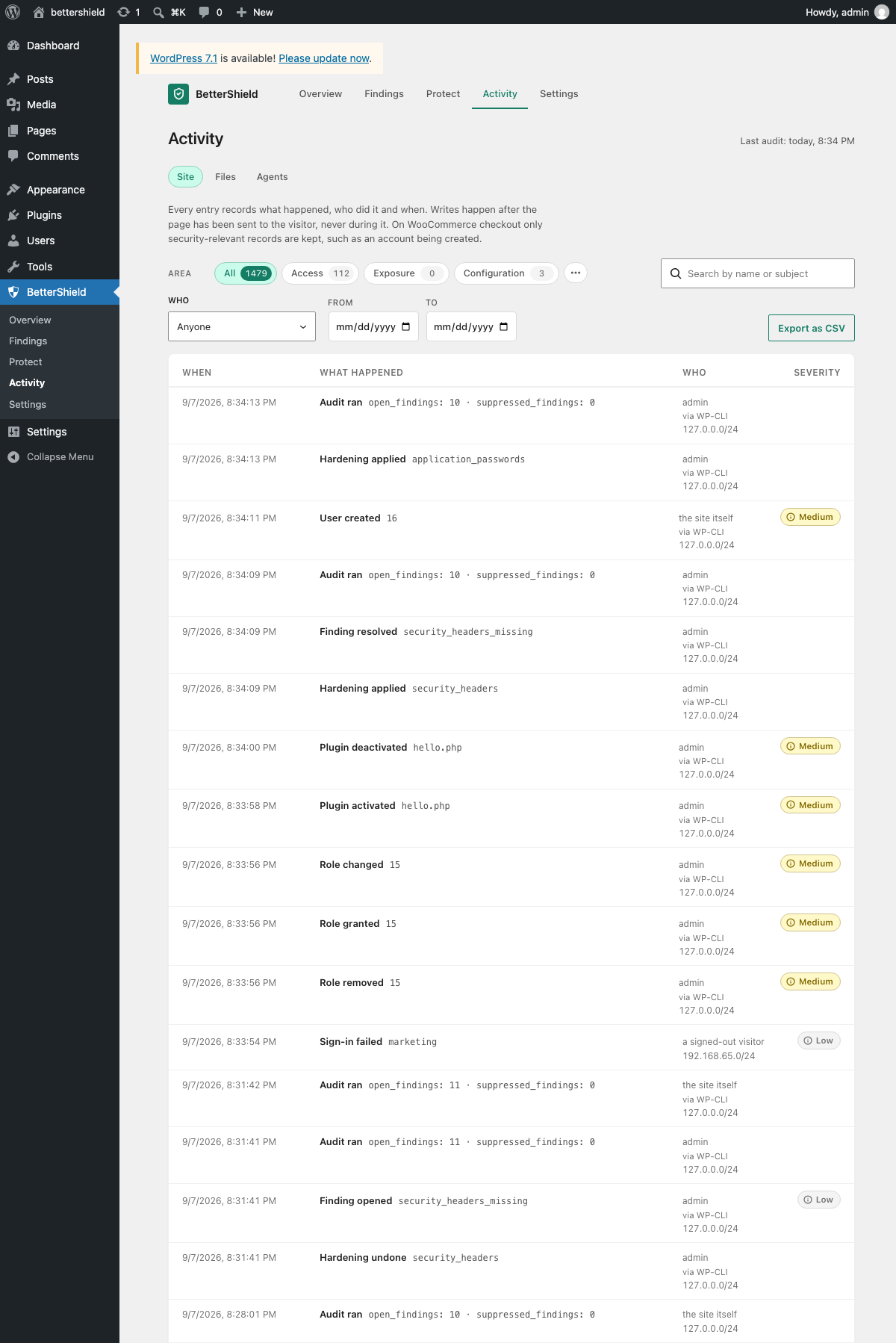 The activity log: who did what and when, with filters, search and a CSV export.