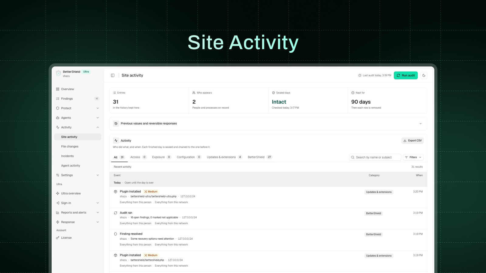 The activity log: who did what and when, with filters, search and a CSV export.