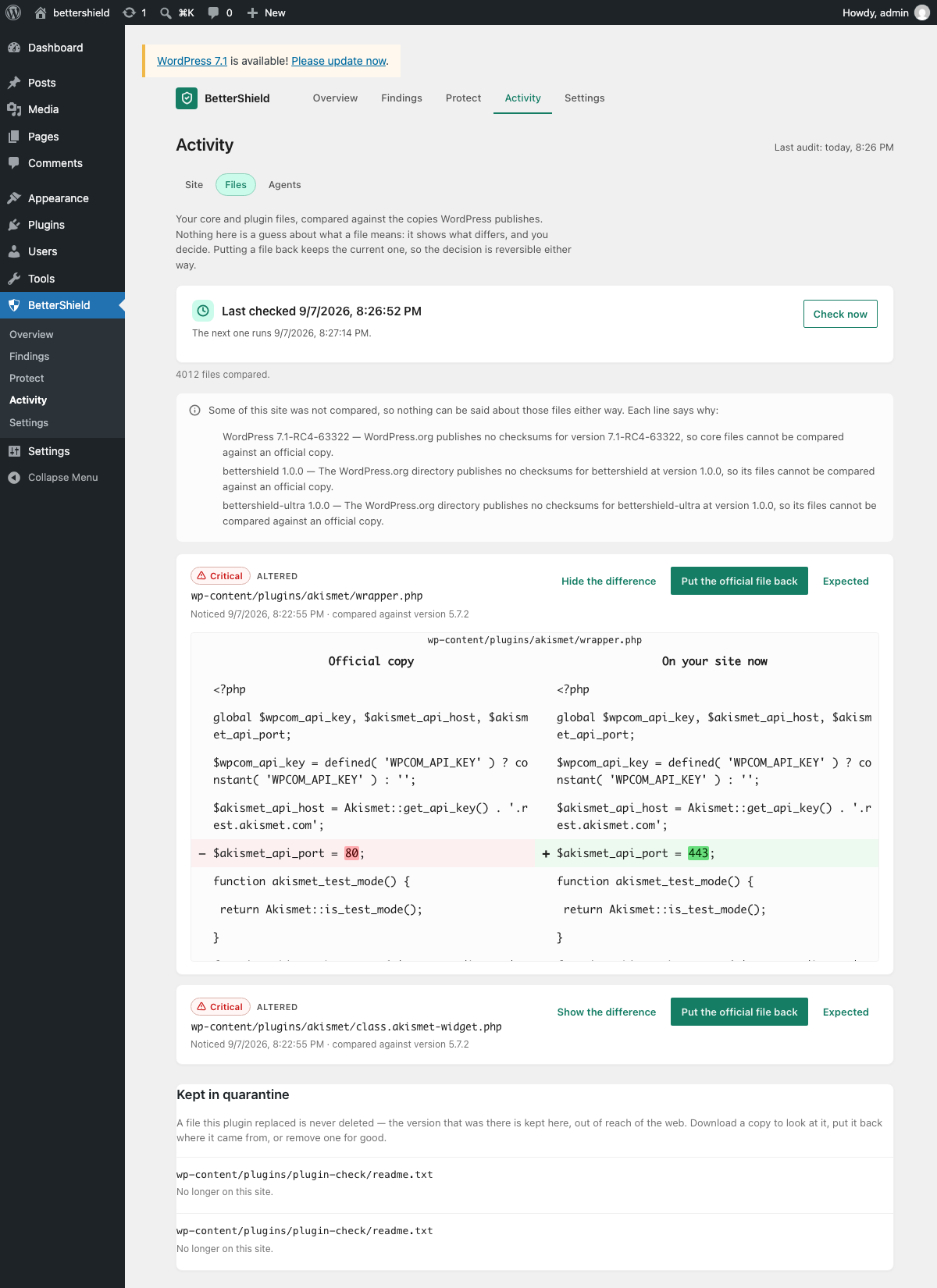Files compared against the copies WordPress.org publishes, with the difference shown and one click to put a file back.