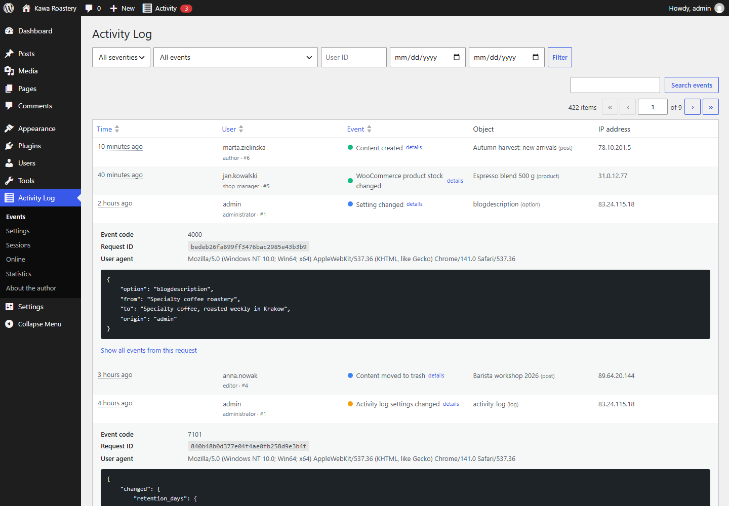 The activity log viewer: filters, search and expandable detail rows with the full event payload and request correlation.