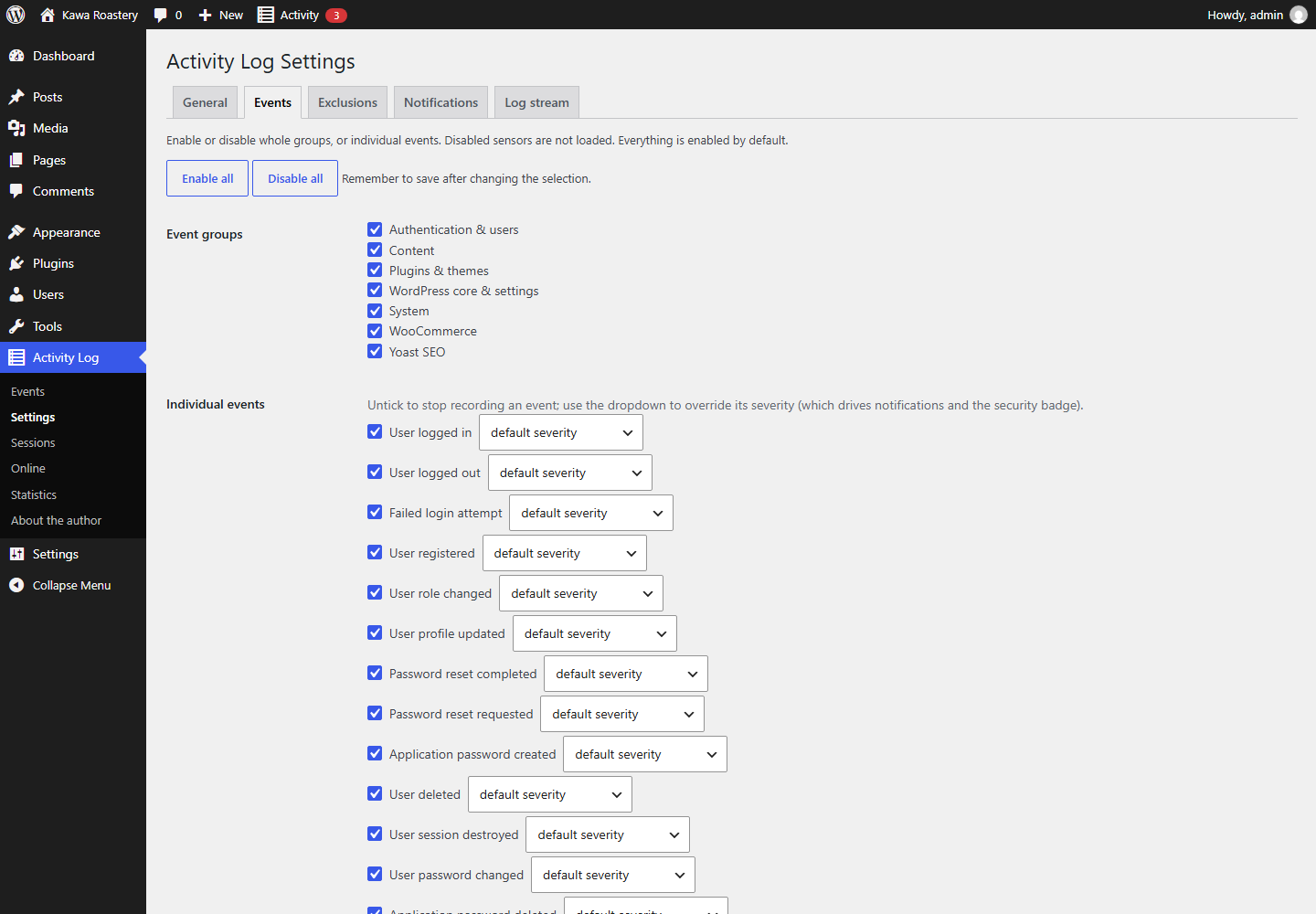 Settings: enable or disable whole groups or individual events and override their severity.