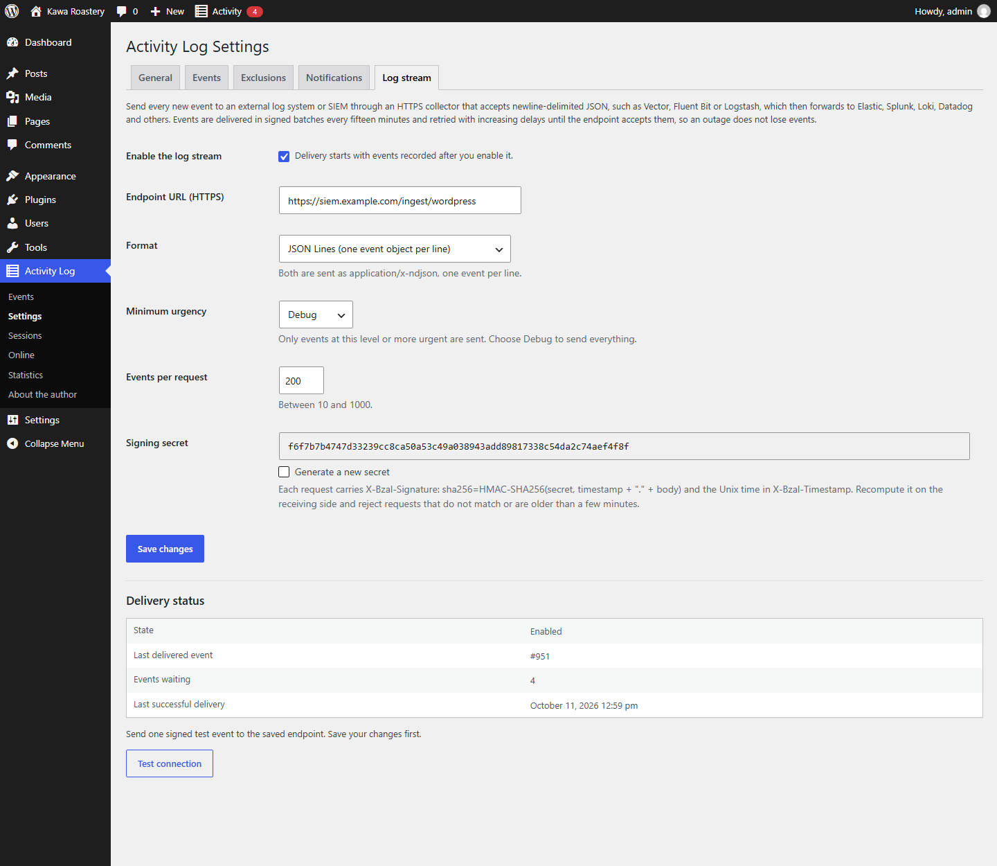 Log stream: send every new event to a SIEM or log collector, with signing secret and delivery status.