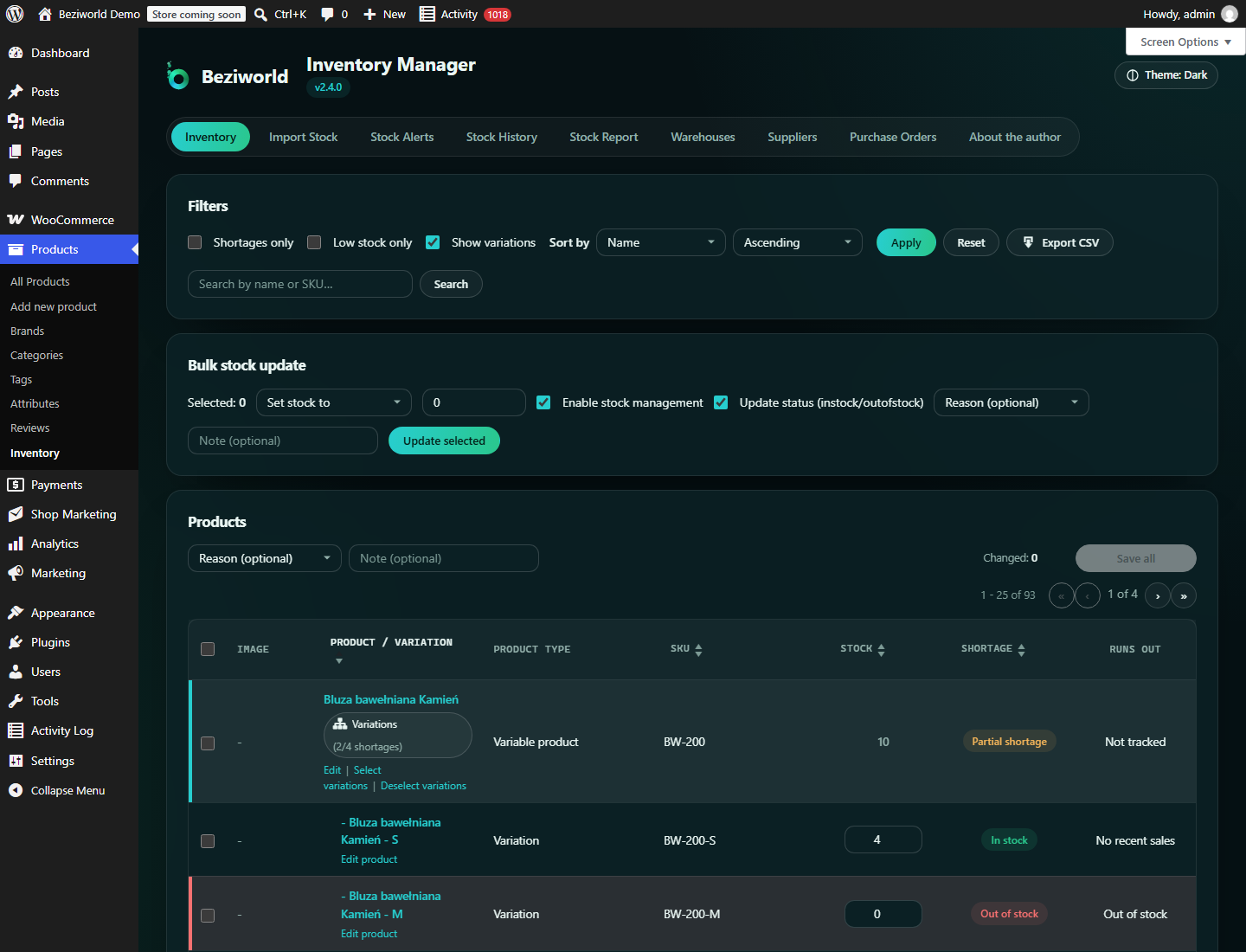 The Inventory screen: shortage badges, inline stock inputs and the stock depletion forecast.
