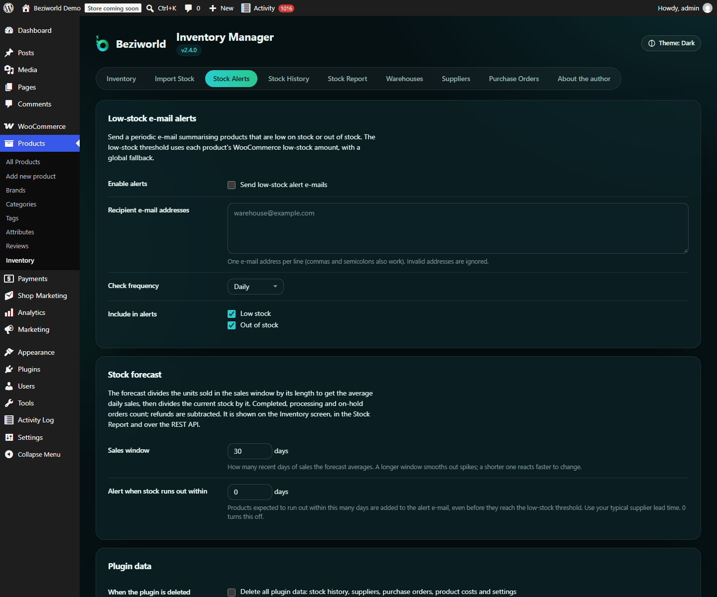 Stock Alerts settings, including the sales window and forecast alerts.