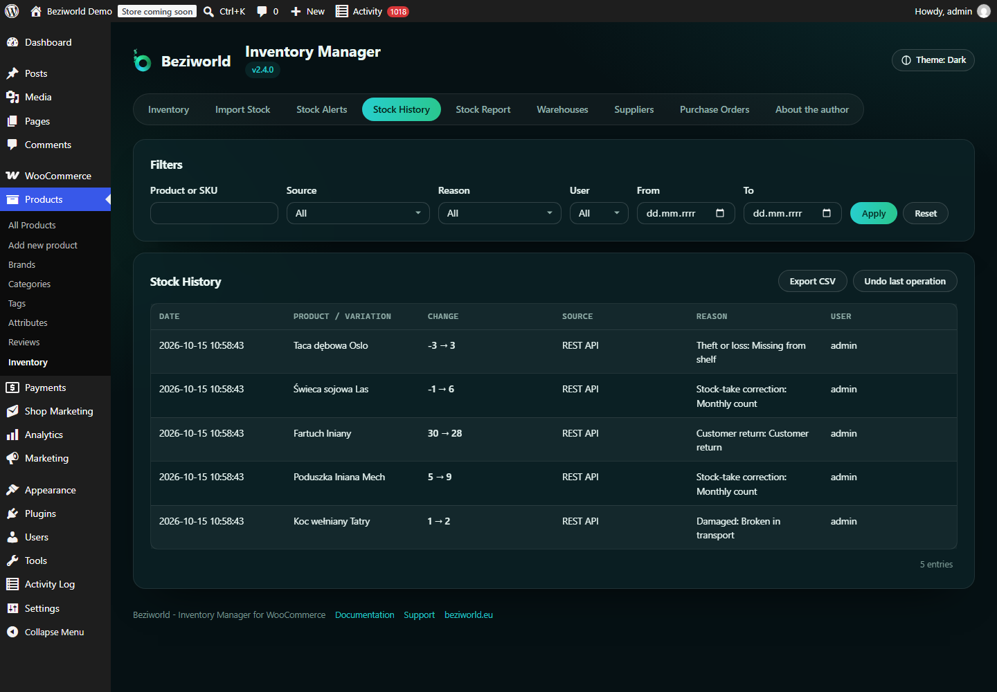 Stock History with one-click undo of the last operation.