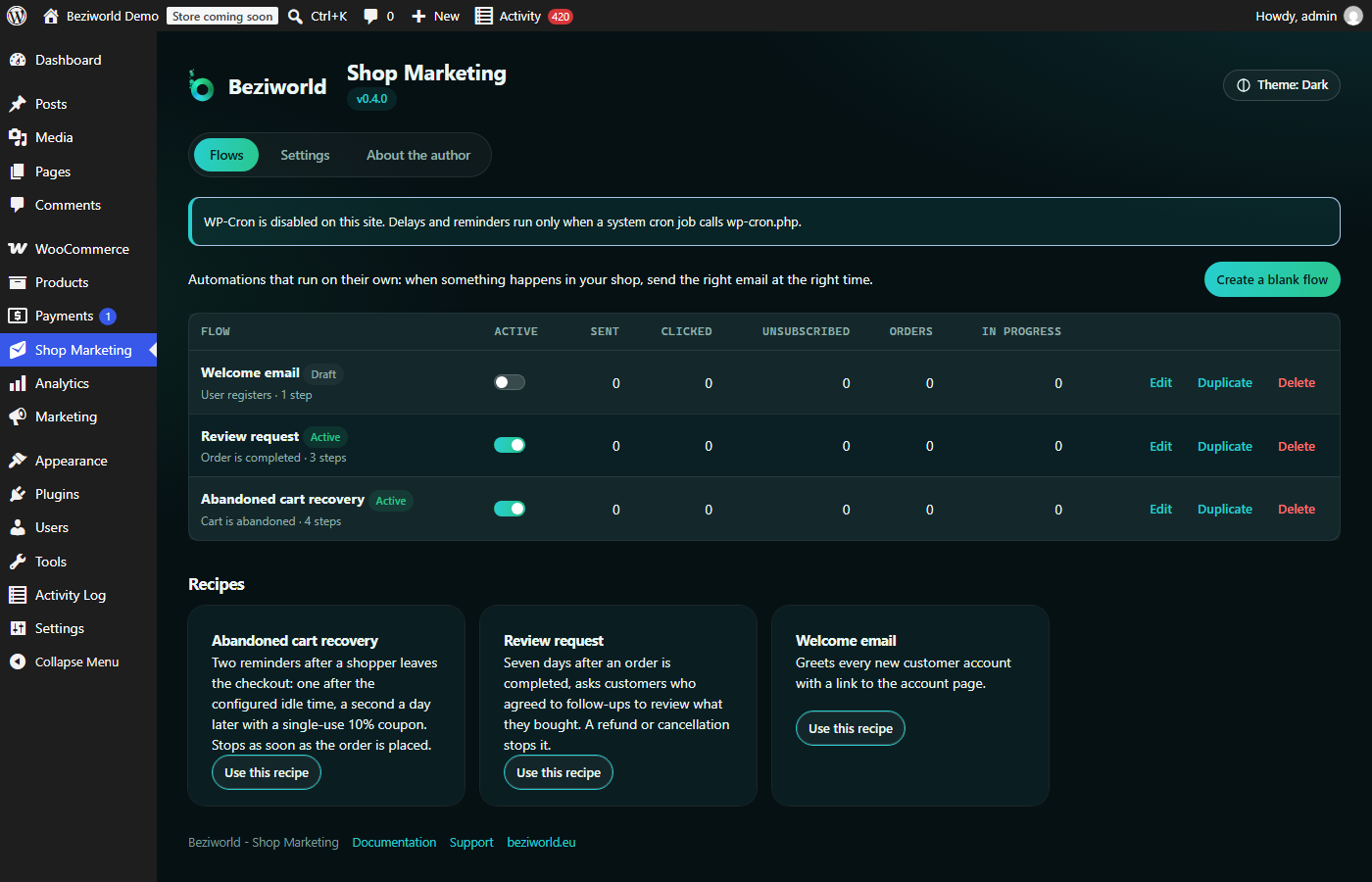 Flows with their statistics: emails sent, clicks, unsubscribes, orders and revenue.