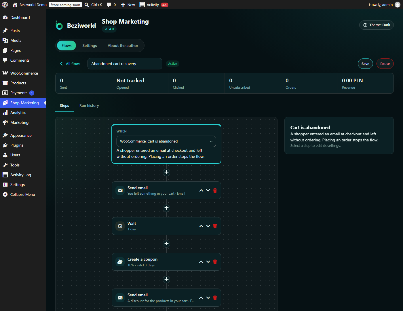 The flow editor: an abandoned cart flow with a reminder, a delay, a coupon and a second email.