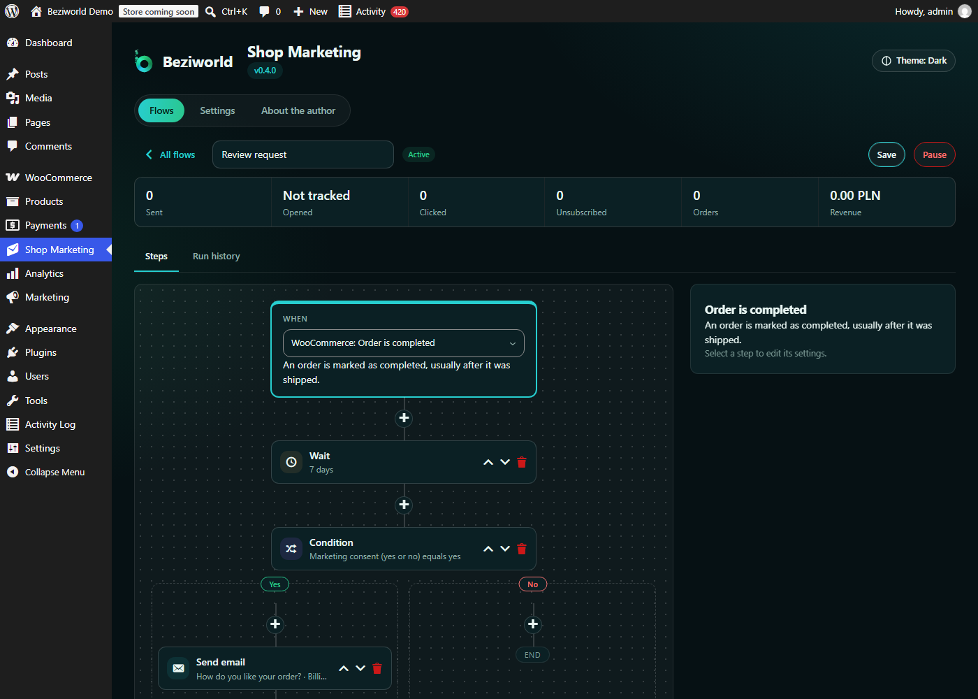 A review request flow with a consent condition and its yes and no branches.