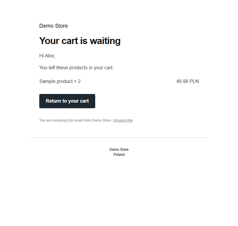 The cart reminder email in the WooCommerce email template, with the restore link and the unsubscribe link.