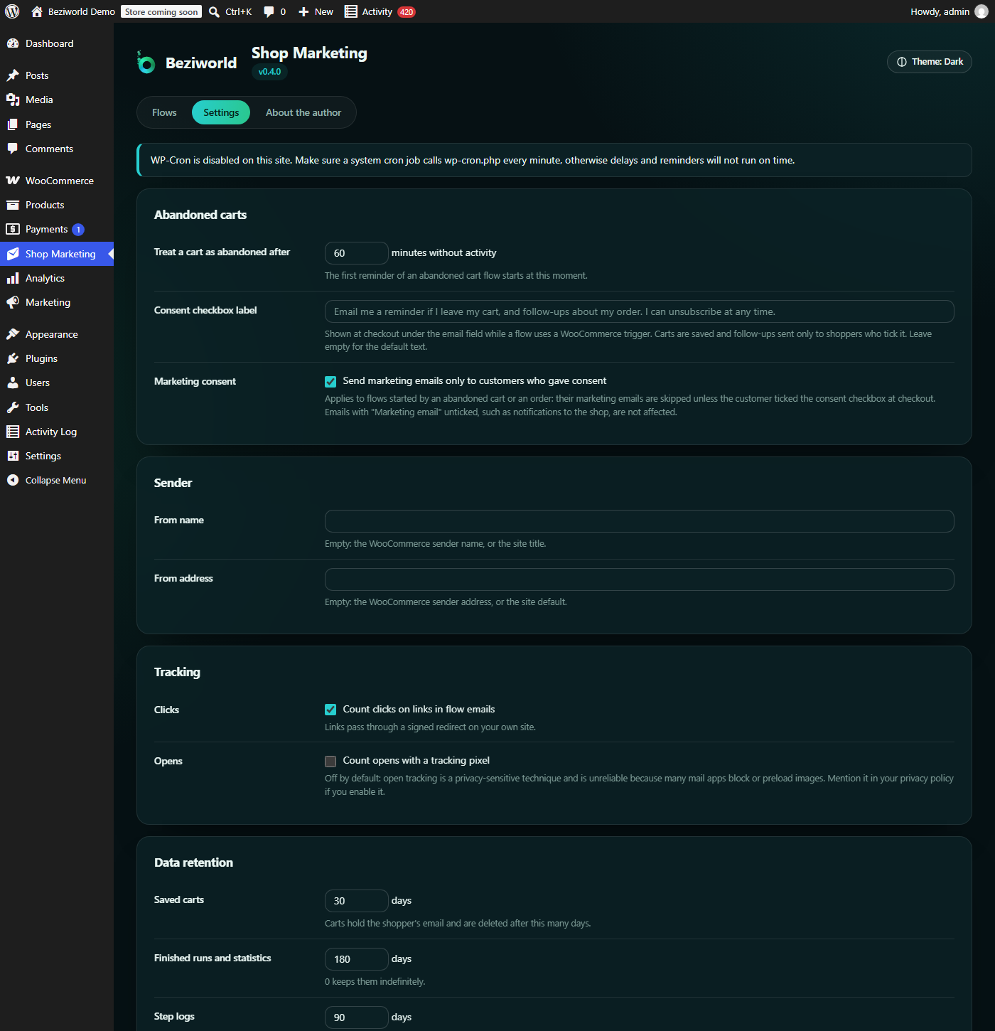Settings: abandoned cart timing, sender, tracking, data retention and uninstall behaviour.