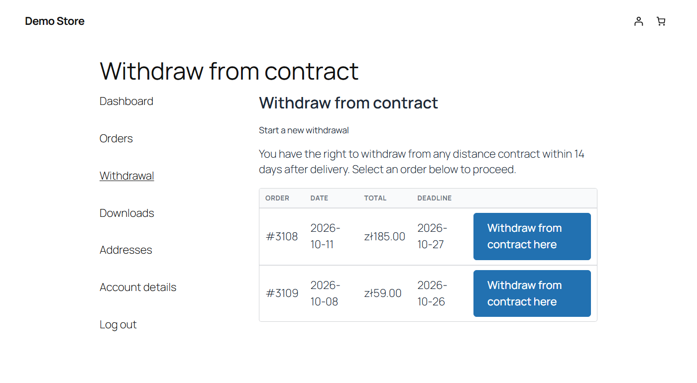 Customer view of the Withdrawal tab inside My Account, eligible orders with the 14-day deadline.