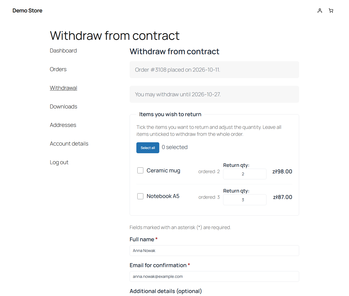 Item-level partial withdrawal form: pick which items and how many units to return.