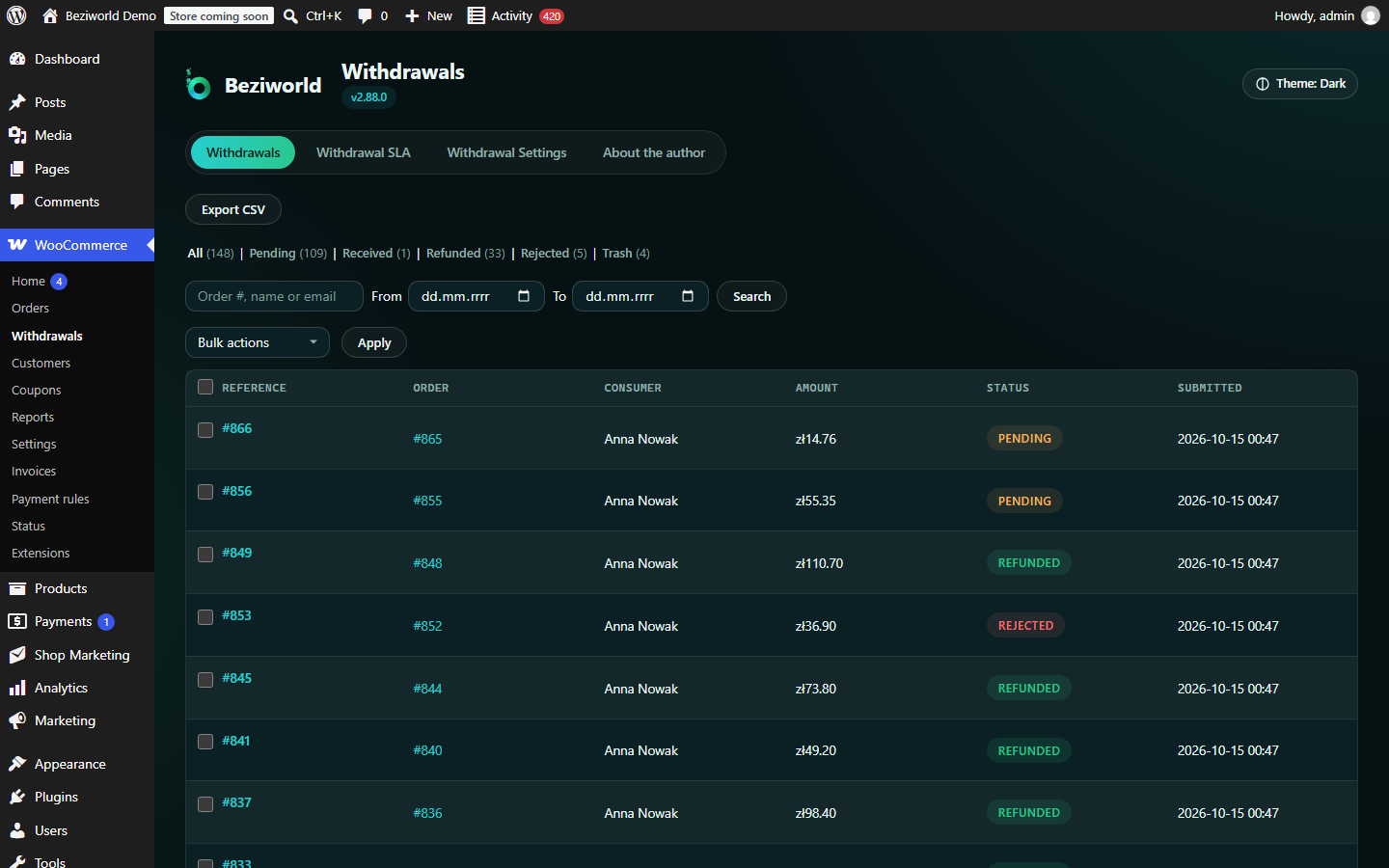 Admin list of withdrawal statements with bulk actions and CSV export.