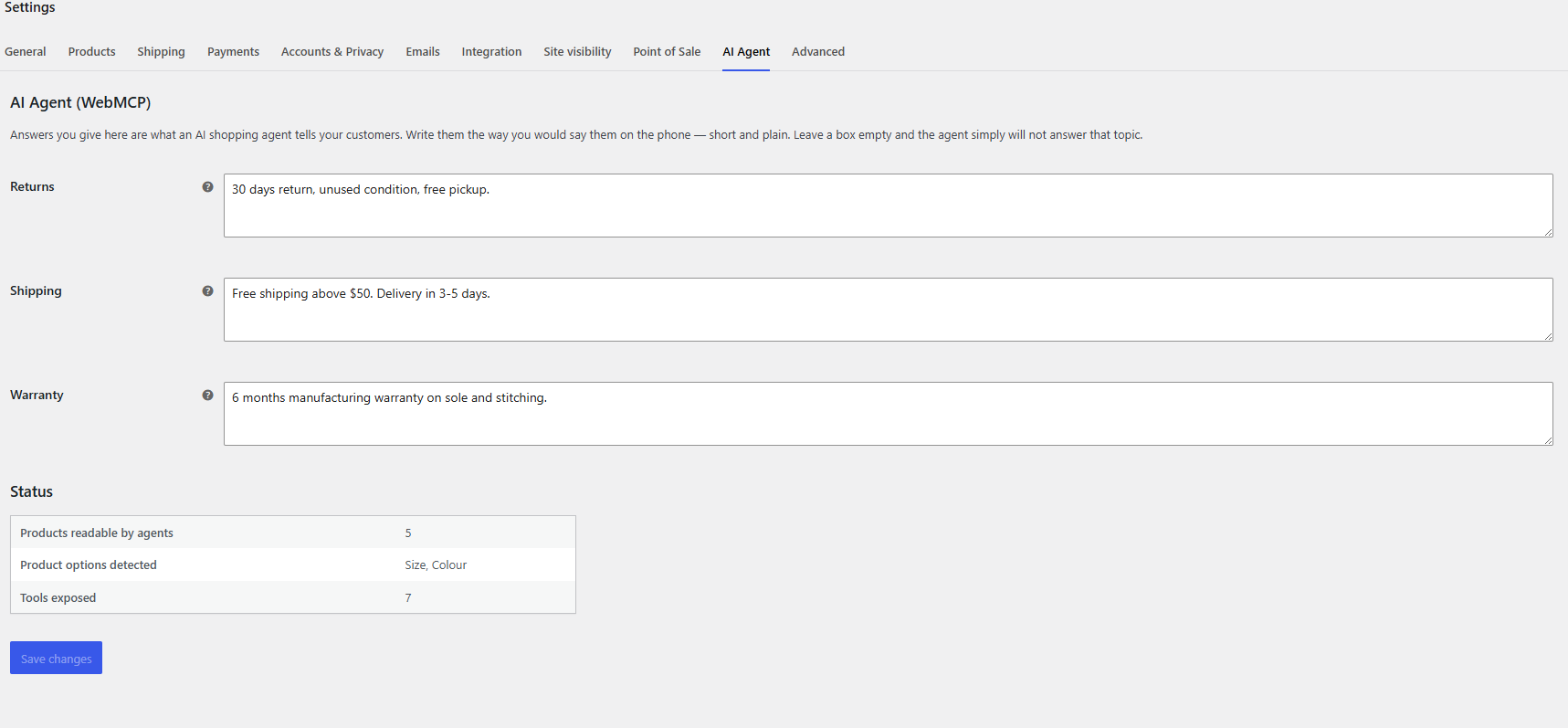 The settings screen: write your returns, shipping and warranty answers once, and agents use them. The status table confirms how many products and tools are live.