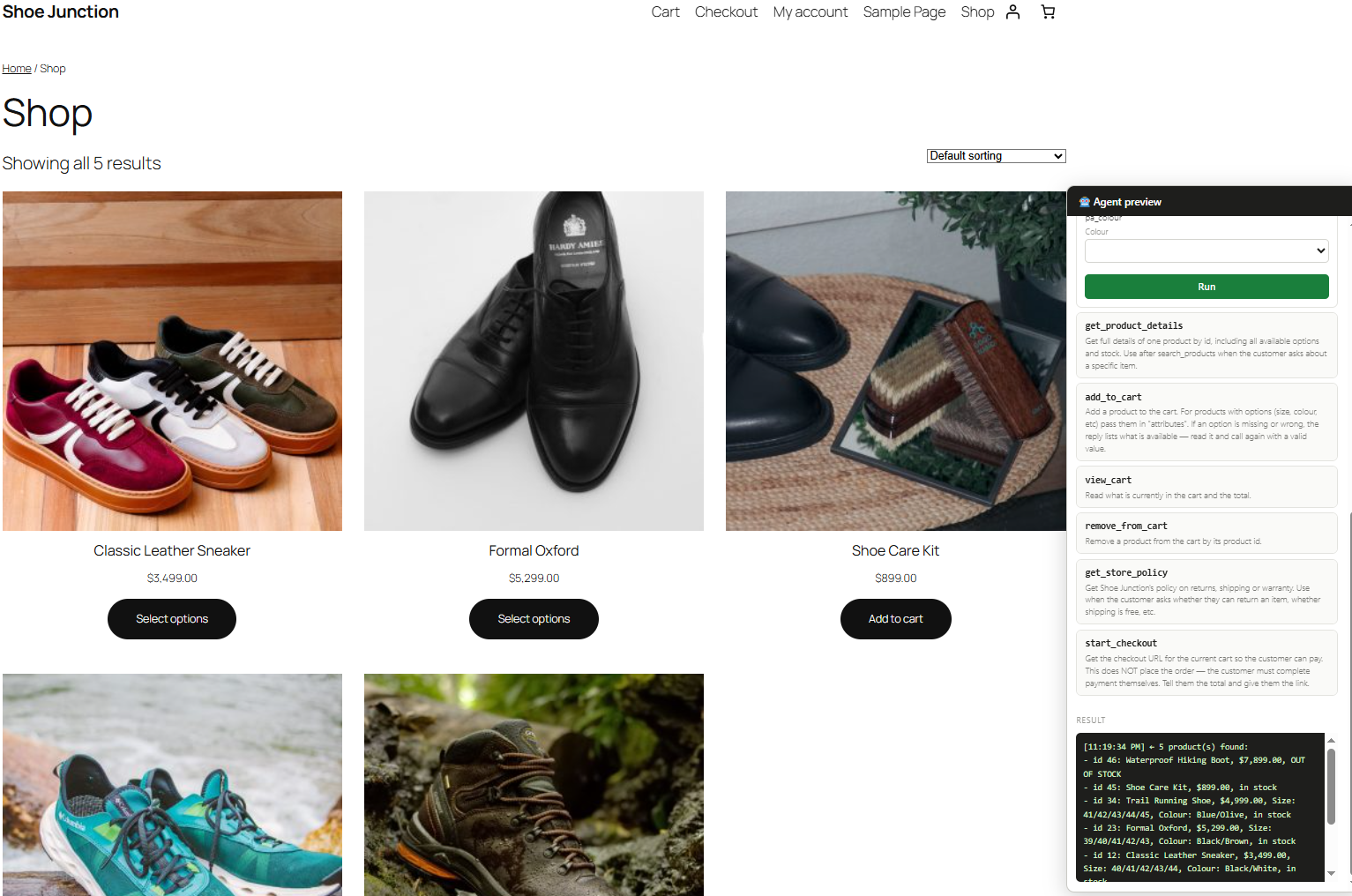 The owner-only agent preview on the shop page. Run any tool by hand to check the answer an AI agent would receive.