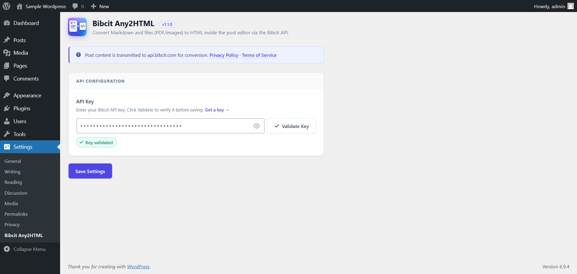 Settings page — API key validation.