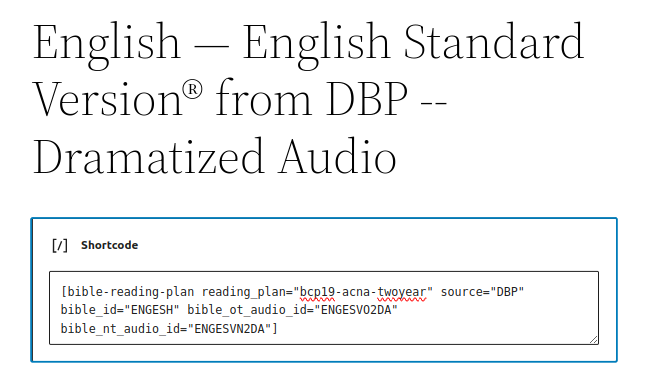 Sample input page for English Standard Version® from DBP — Dramatized Audio Book of Common Prayer, 2019, Anglican Church in North America — Two Year Plan.