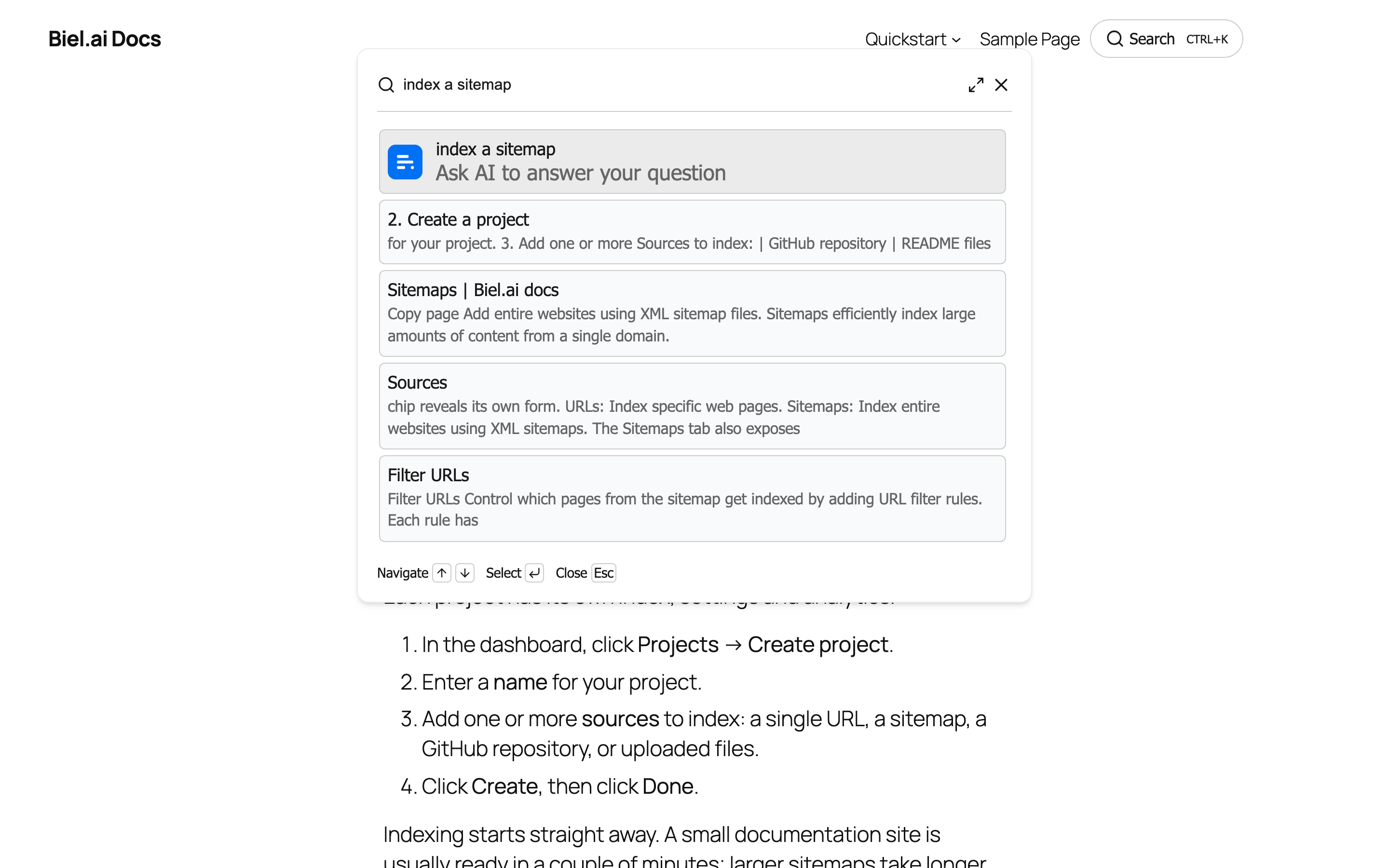 AI search open on the front end: results appear as the visitor types, with "Ask AI" waiting at the top.