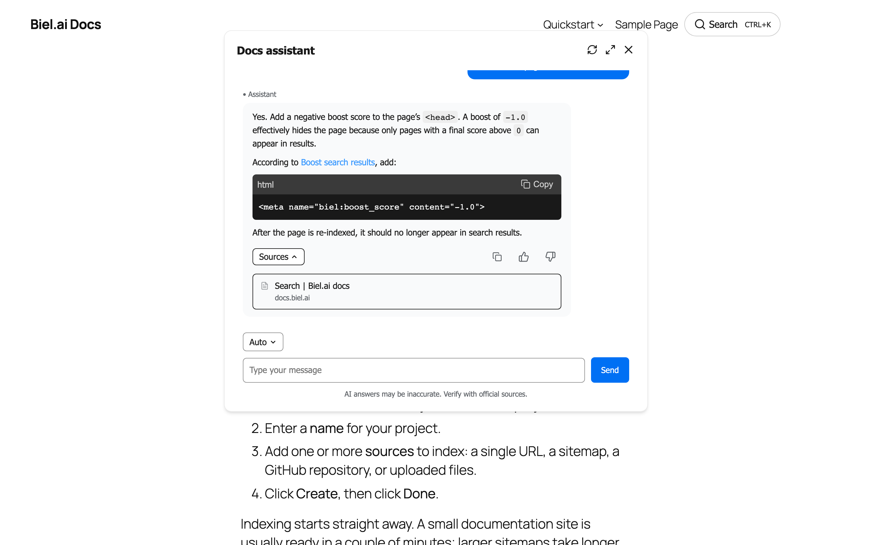 The AI answer, written only from your own pages and listing the sources it used.
