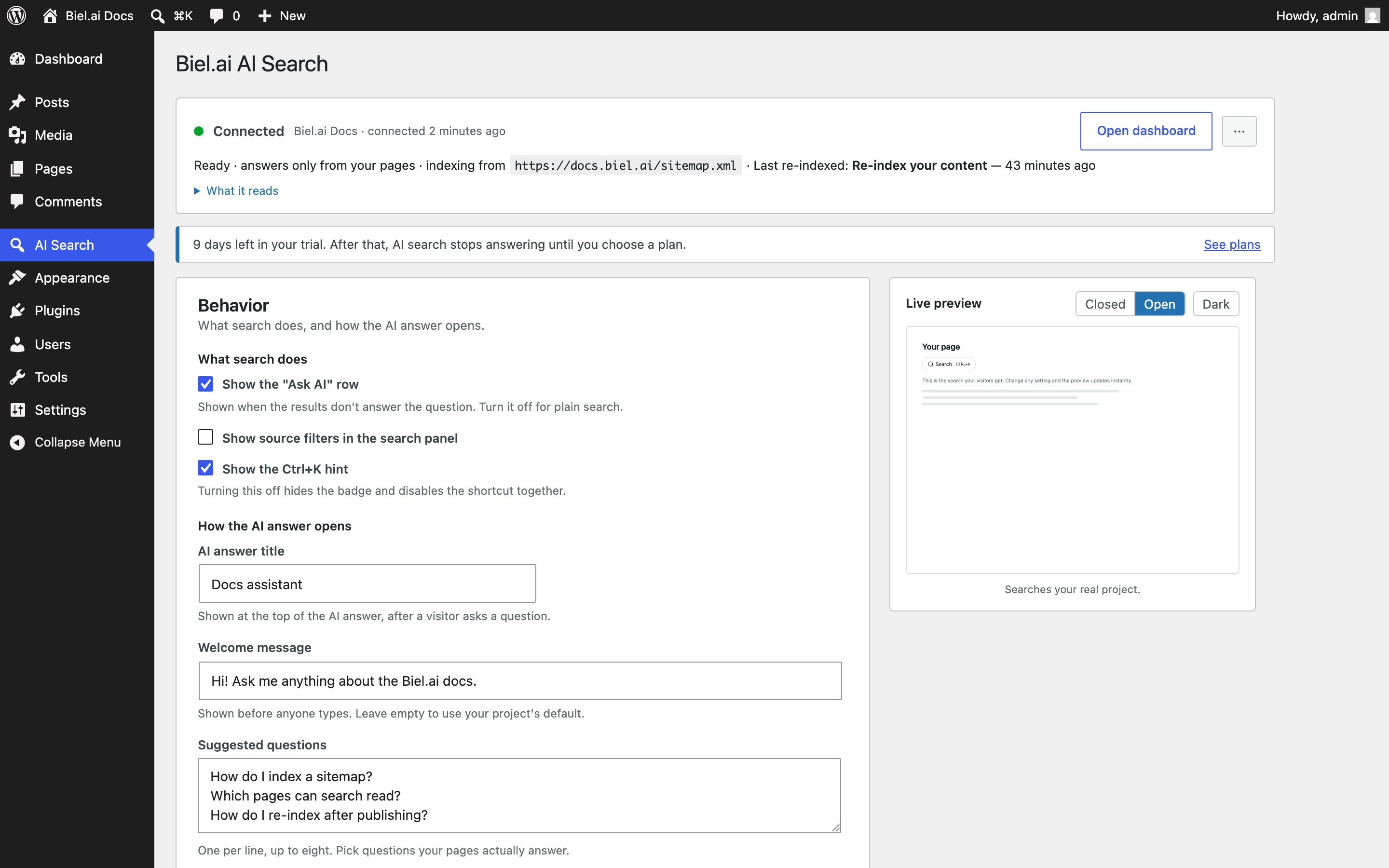 One screen says what is connected, where search reads from, and lets you start a re-crawl.