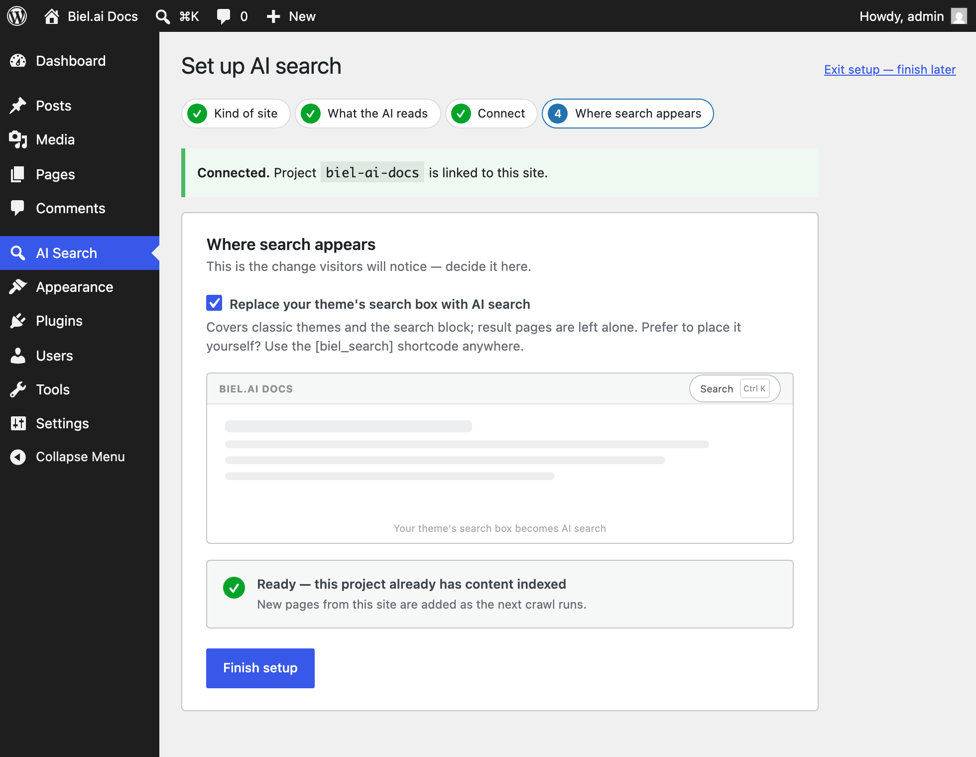 Setup is four steps. The last one decides where search appears and confirms your pages are indexed.