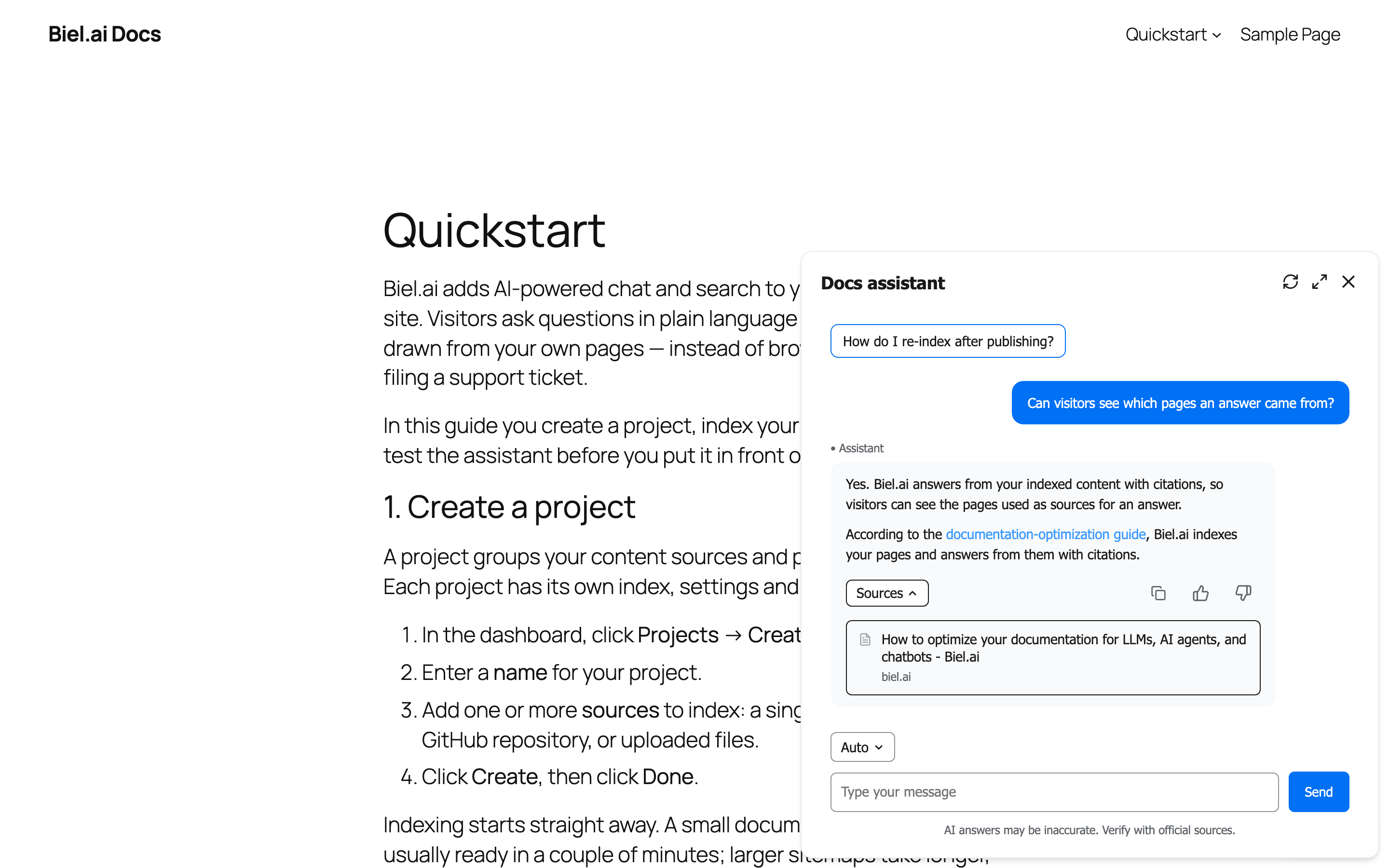 The answer panel open on a page: a real answer, written only from your own pages, with the sources it came from.