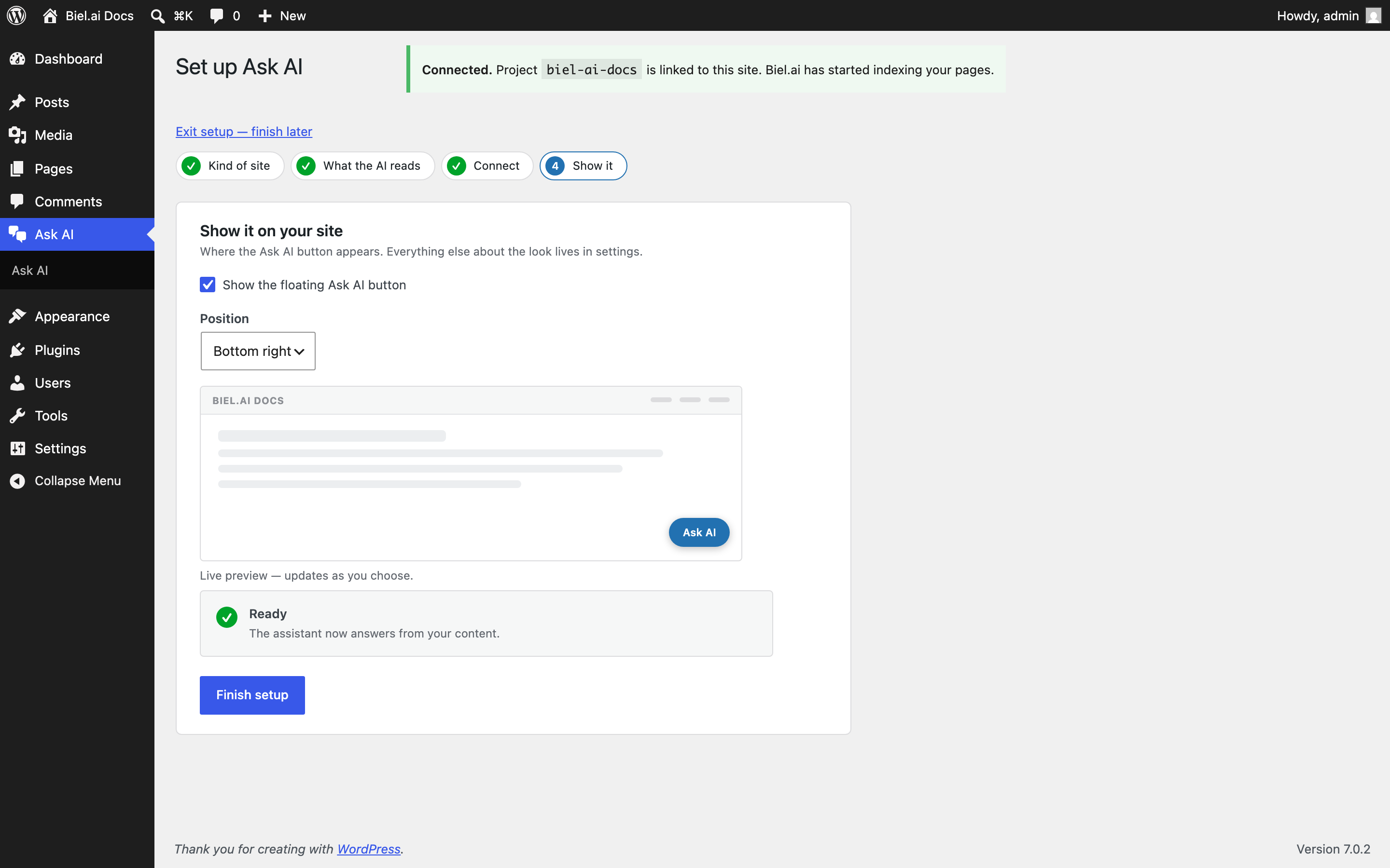 Setup is four steps. The last one places the button and confirms your pages are indexed.