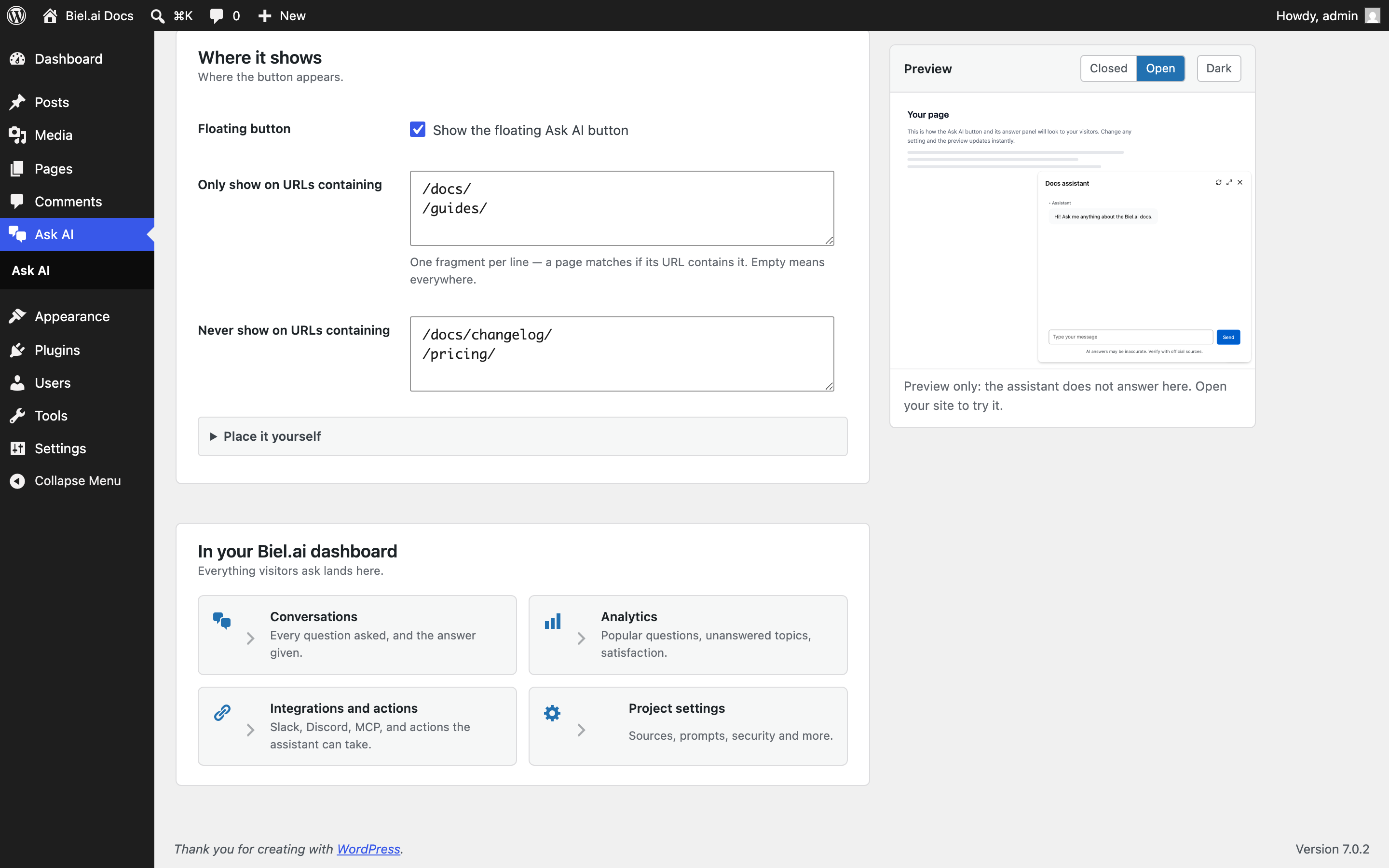 Where it shows: the floating button toggle, include / exclude URL rules, and the way into your dashboard.